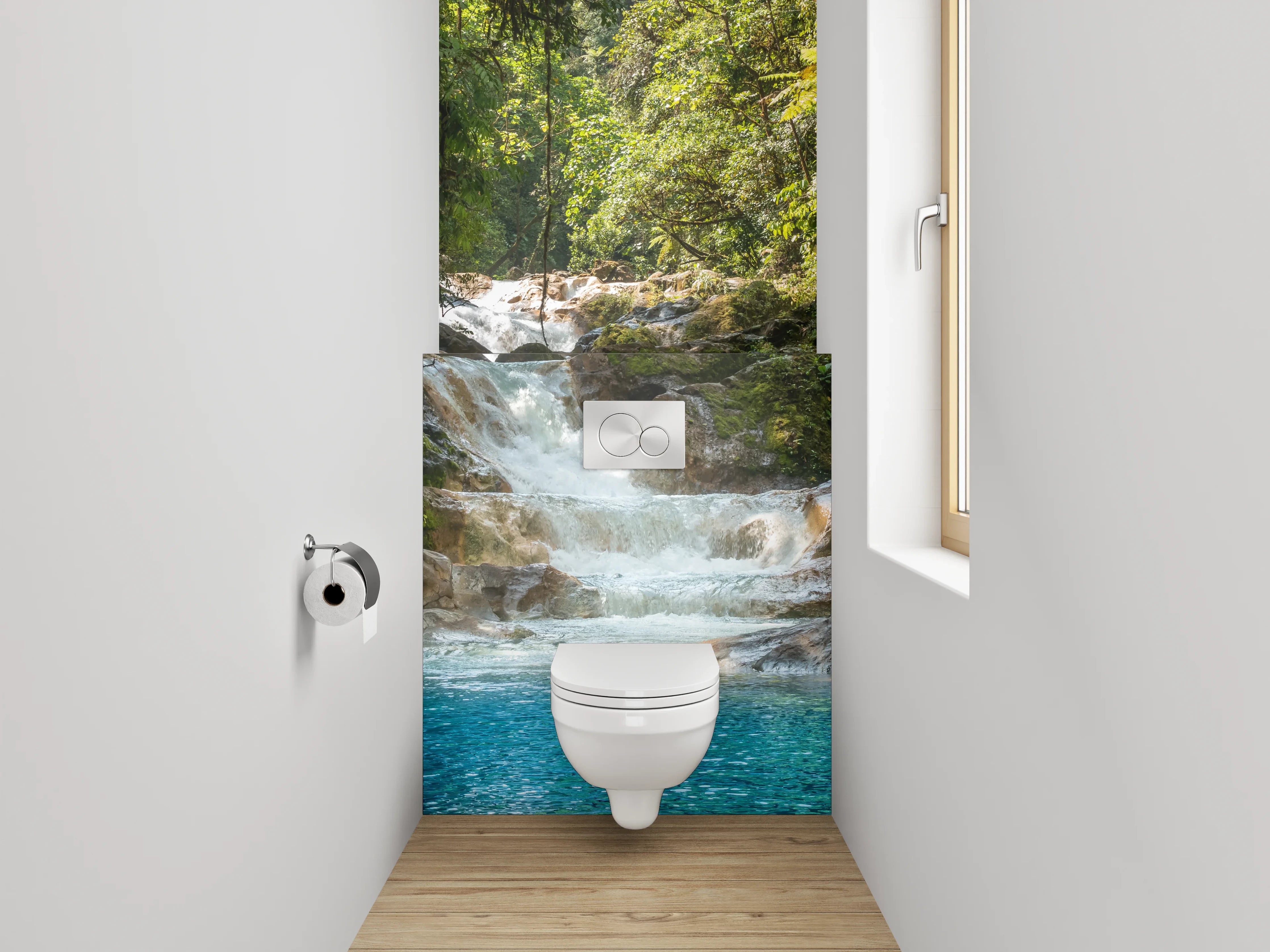 WC-Rückwand - Grauschimmernder Wasserfall im weißen Urwald