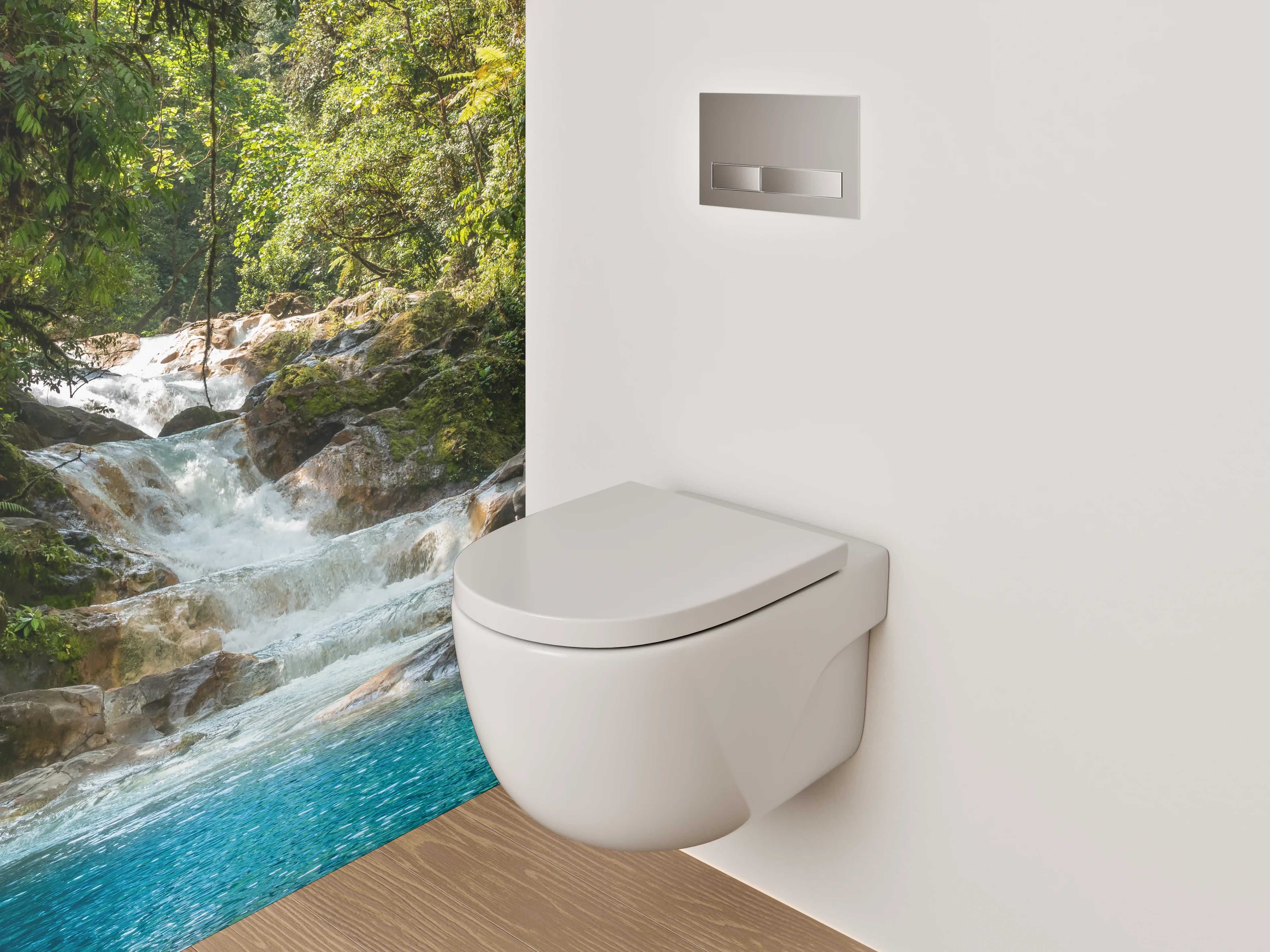WC-Rückwand - Grauschimmernder Wasserfall im weißen Urwald