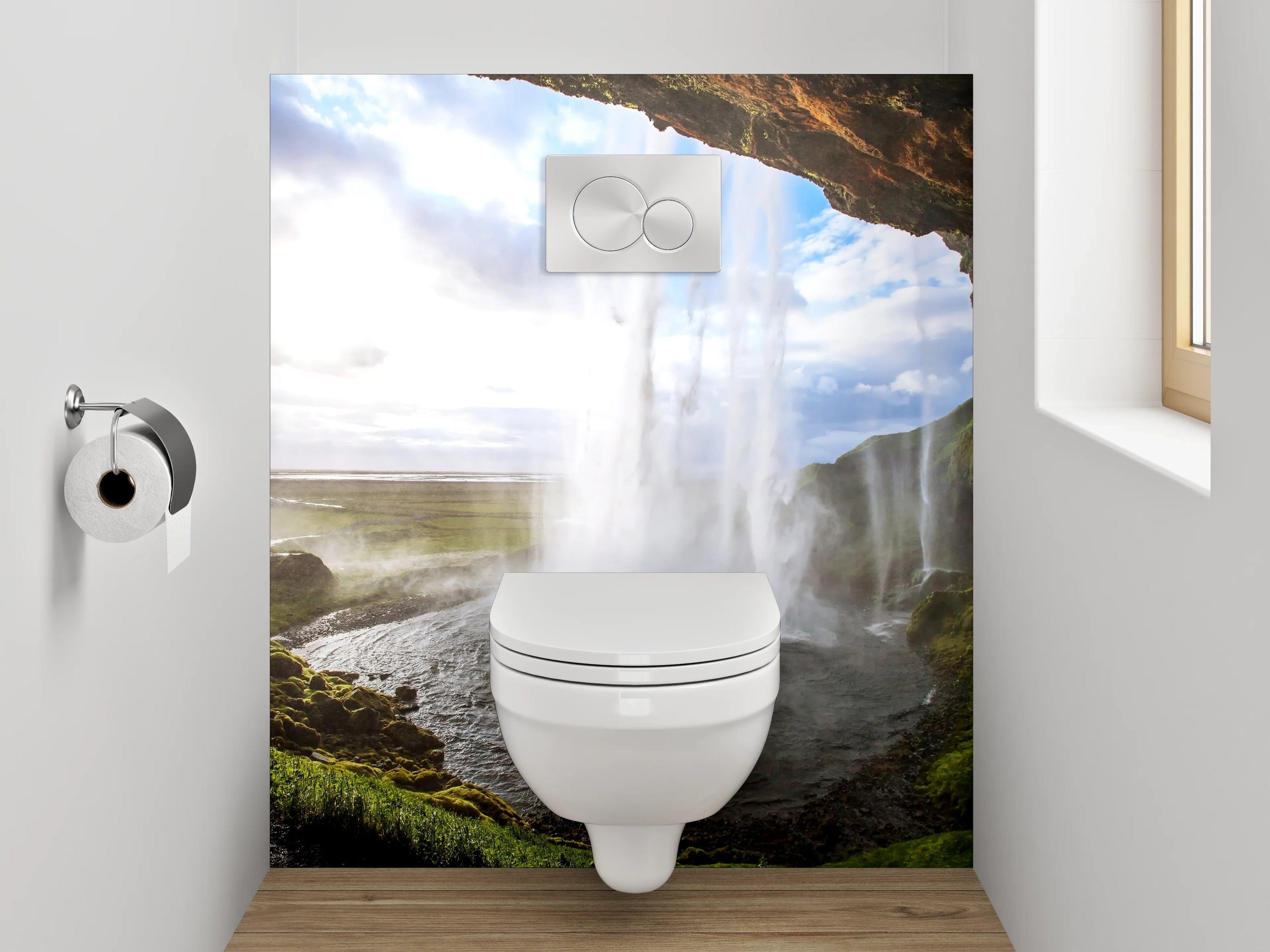 WC-Rückwand - Grauschimmerndes Wasserfall-Panorama Island