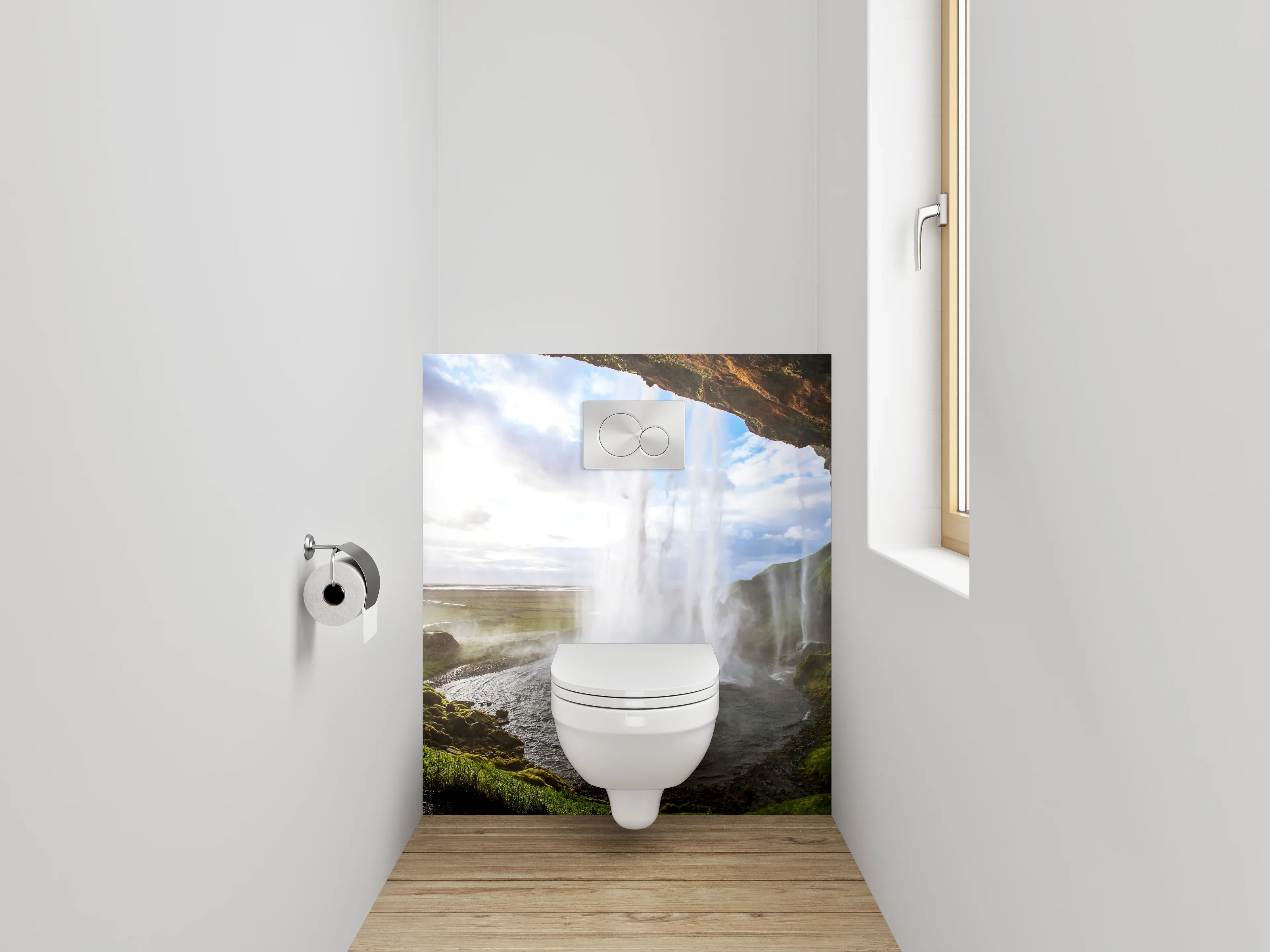WC-Rückwand - Grauschimmerndes Wasserfall-Panorama Island