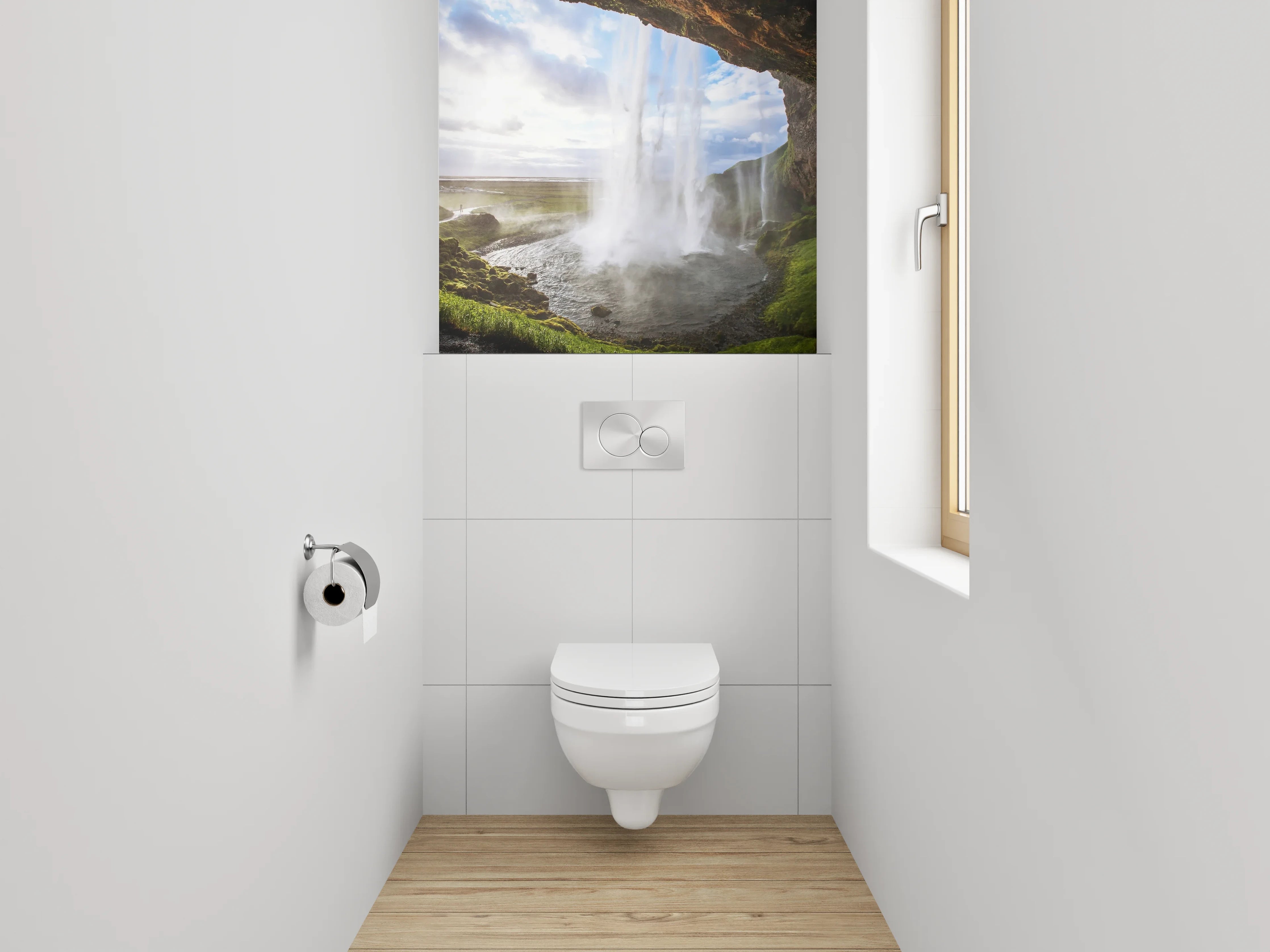 WC-Rückwand - Grauschimmerndes Wasserfall-Panorama Island