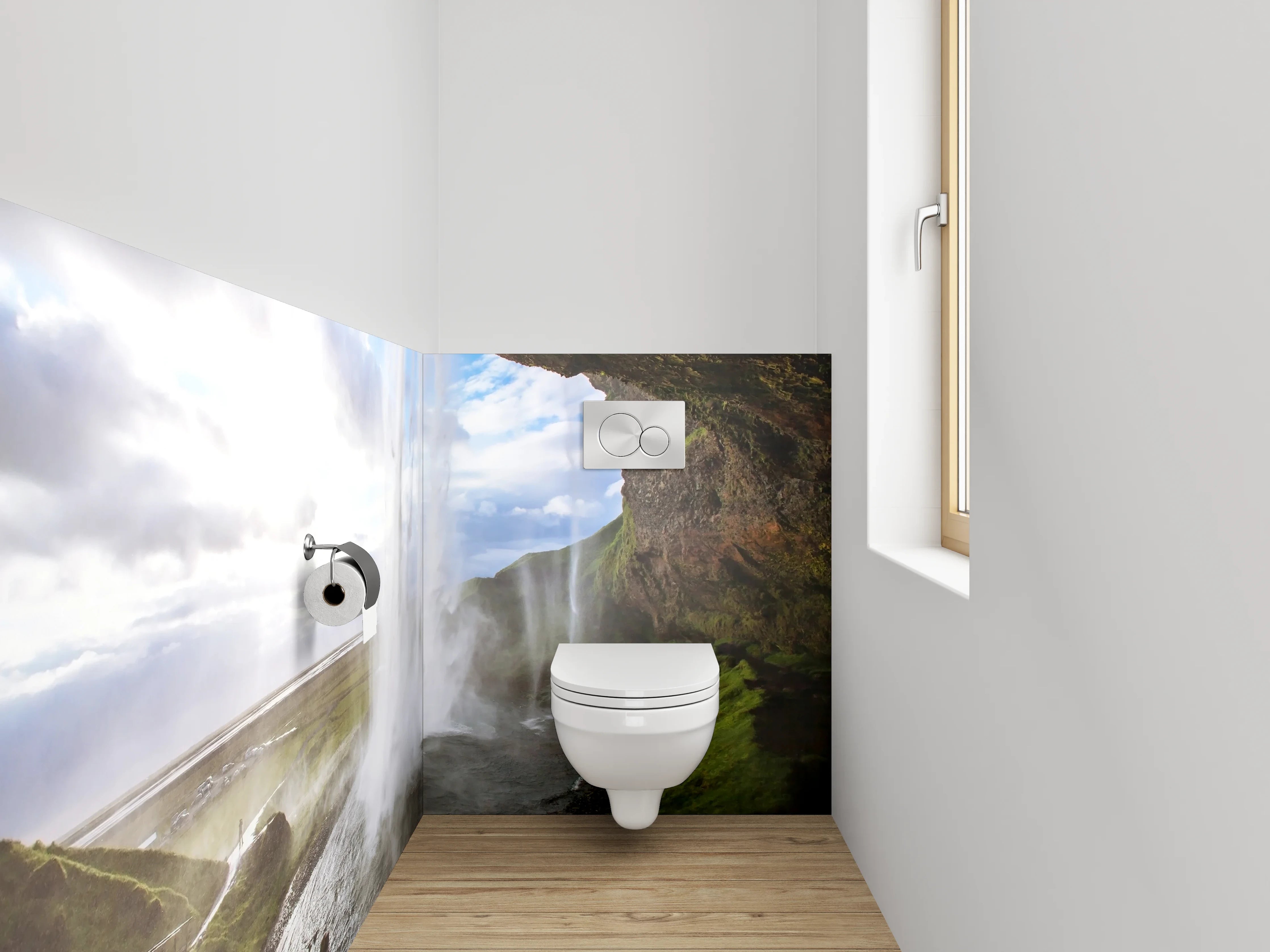 WC-Rückwand - Grauschimmerndes Wasserfall-Panorama Island