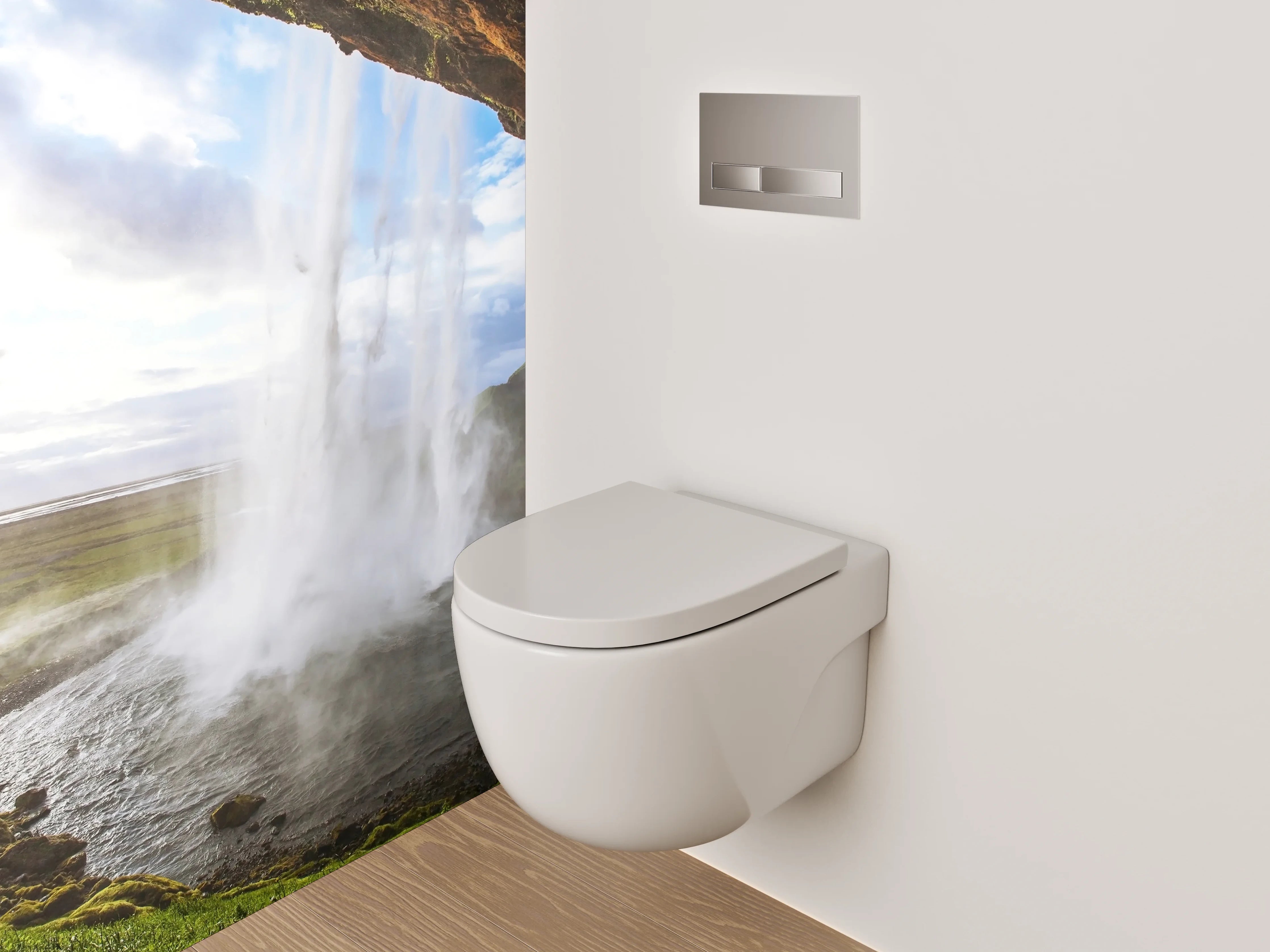 WC-Rückwand - Grauschimmerndes Wasserfall-Panorama Island