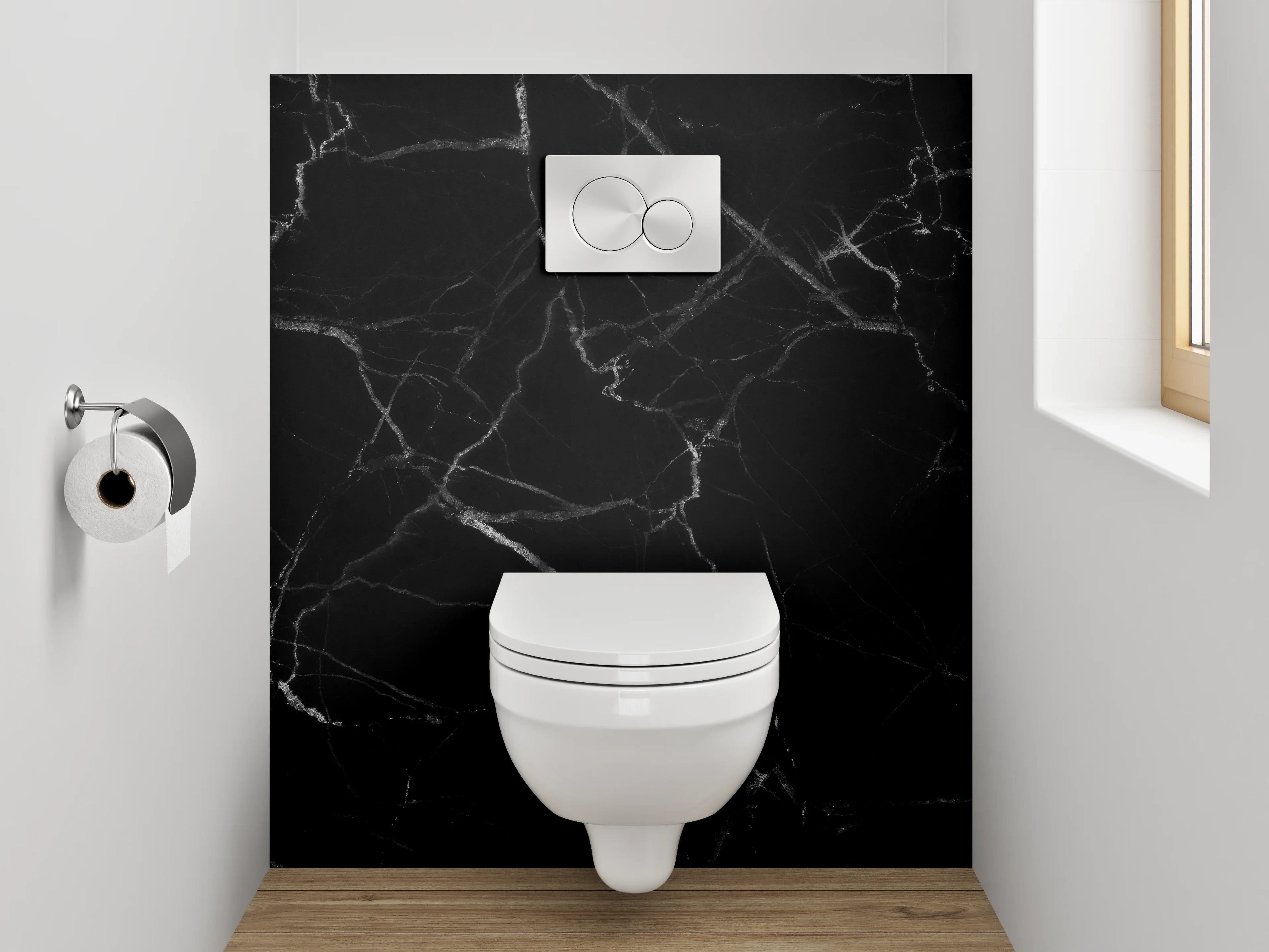 WC-Rückwand - Grauschleier auf weißem Stein