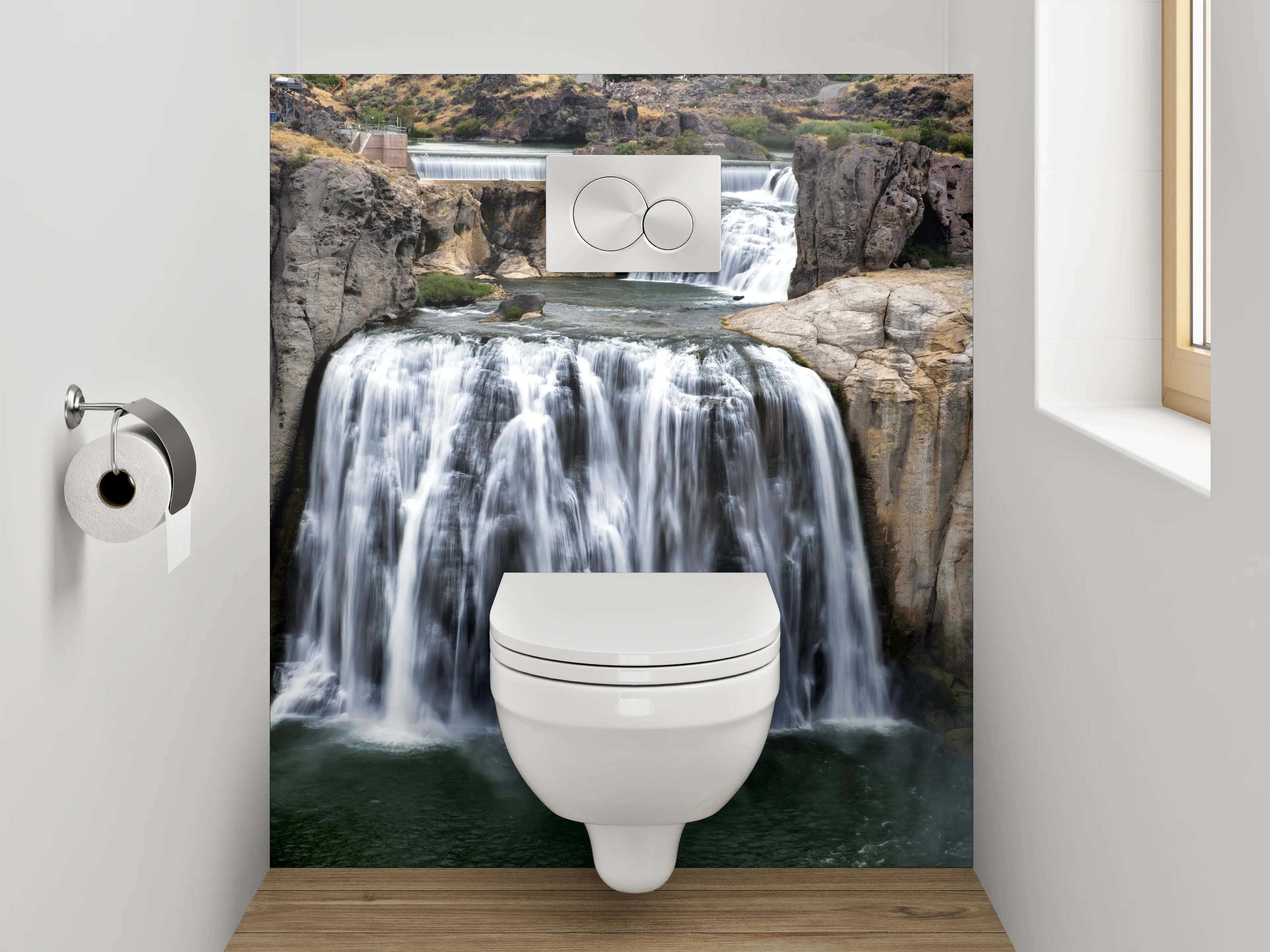 WC-Rückwand - Grauschleier über weißem Wasserfall