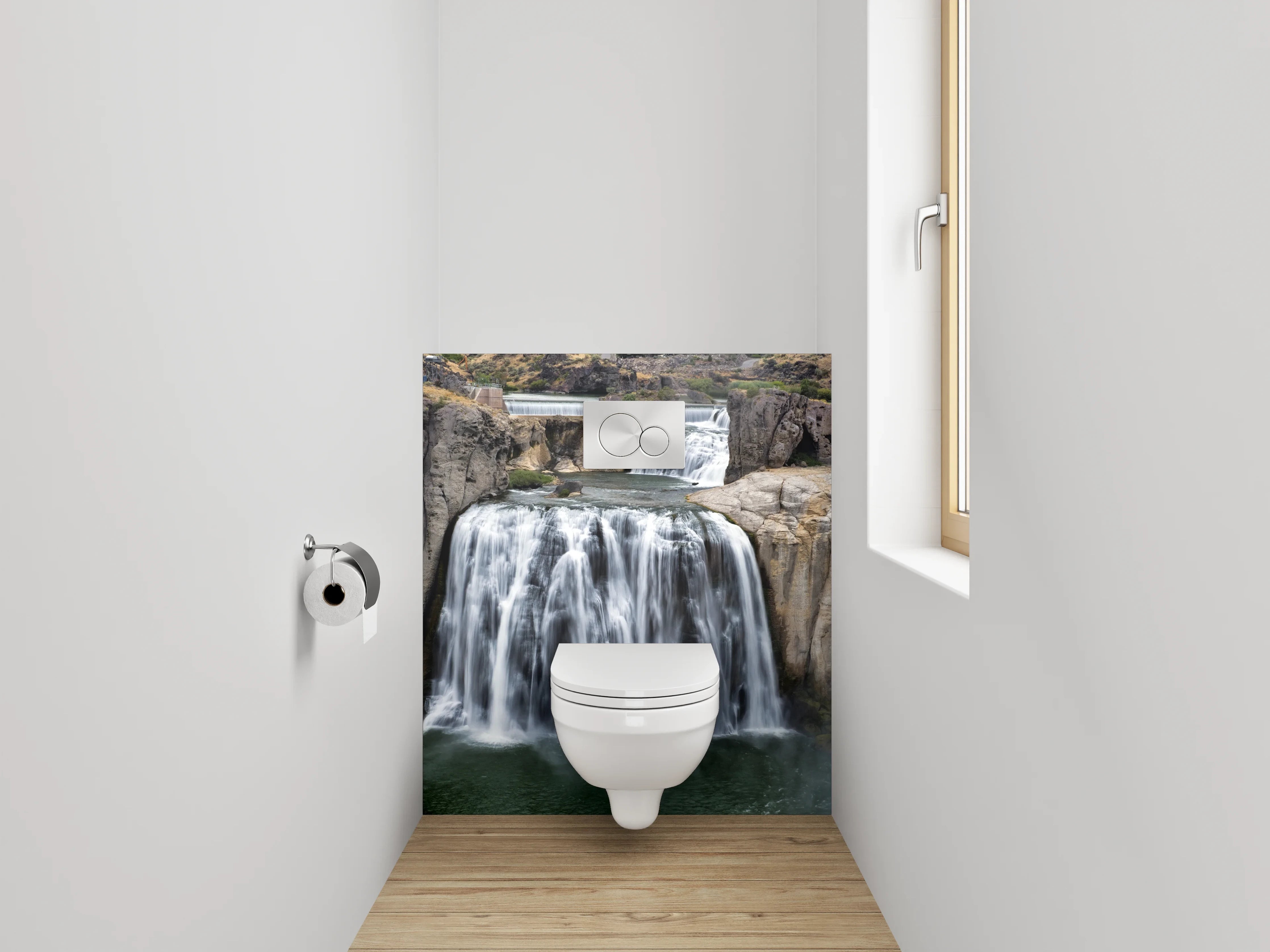 WC-Rückwand - Grauschleier über weißem Wasserfall