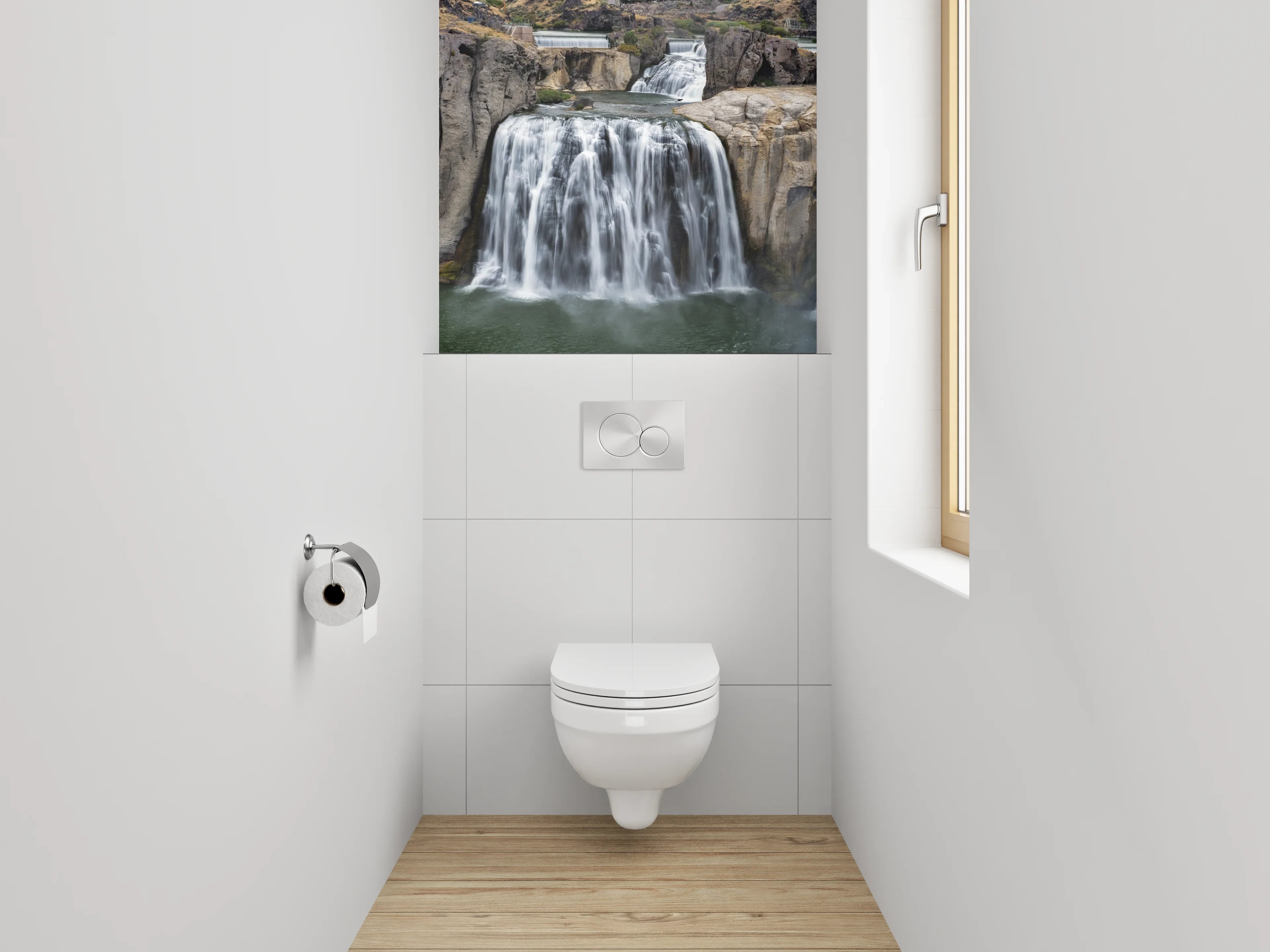 WC-Rückwand - Grauschleier über weißem Wasserfall