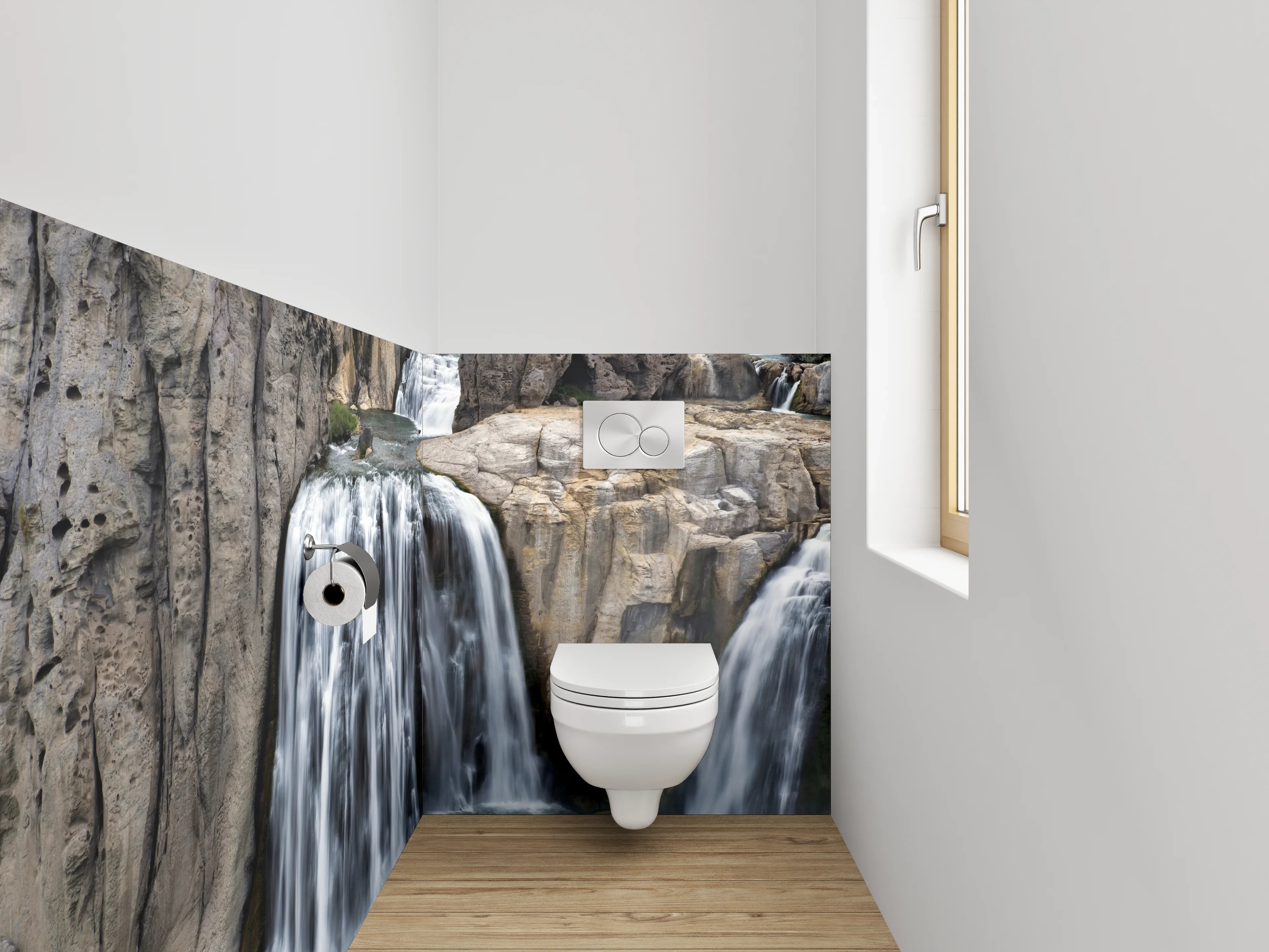 WC-Rückwand - Grauschleier über weißem Wasserfall