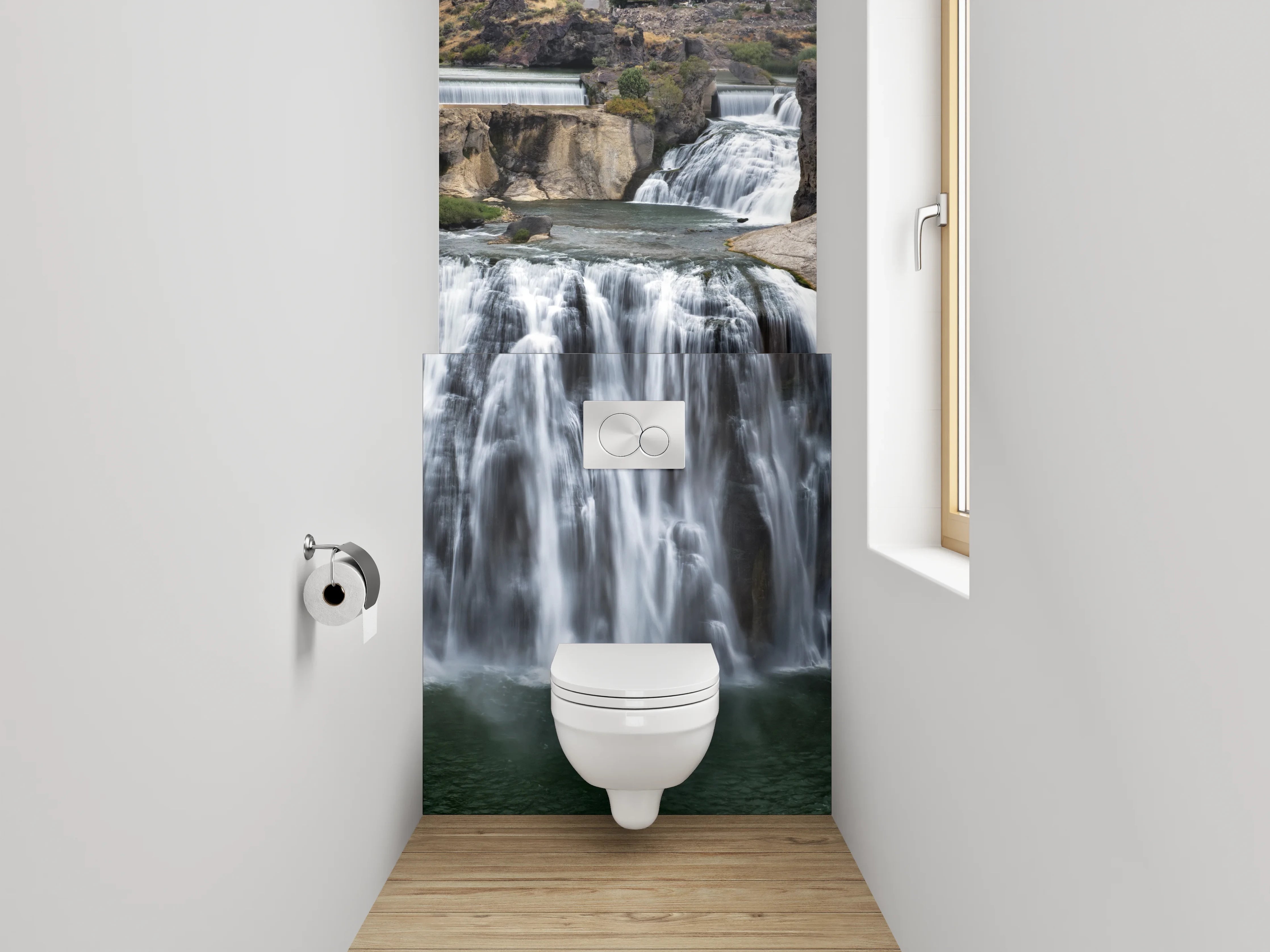 WC-Rückwand - Grauschleier über weißem Wasserfall