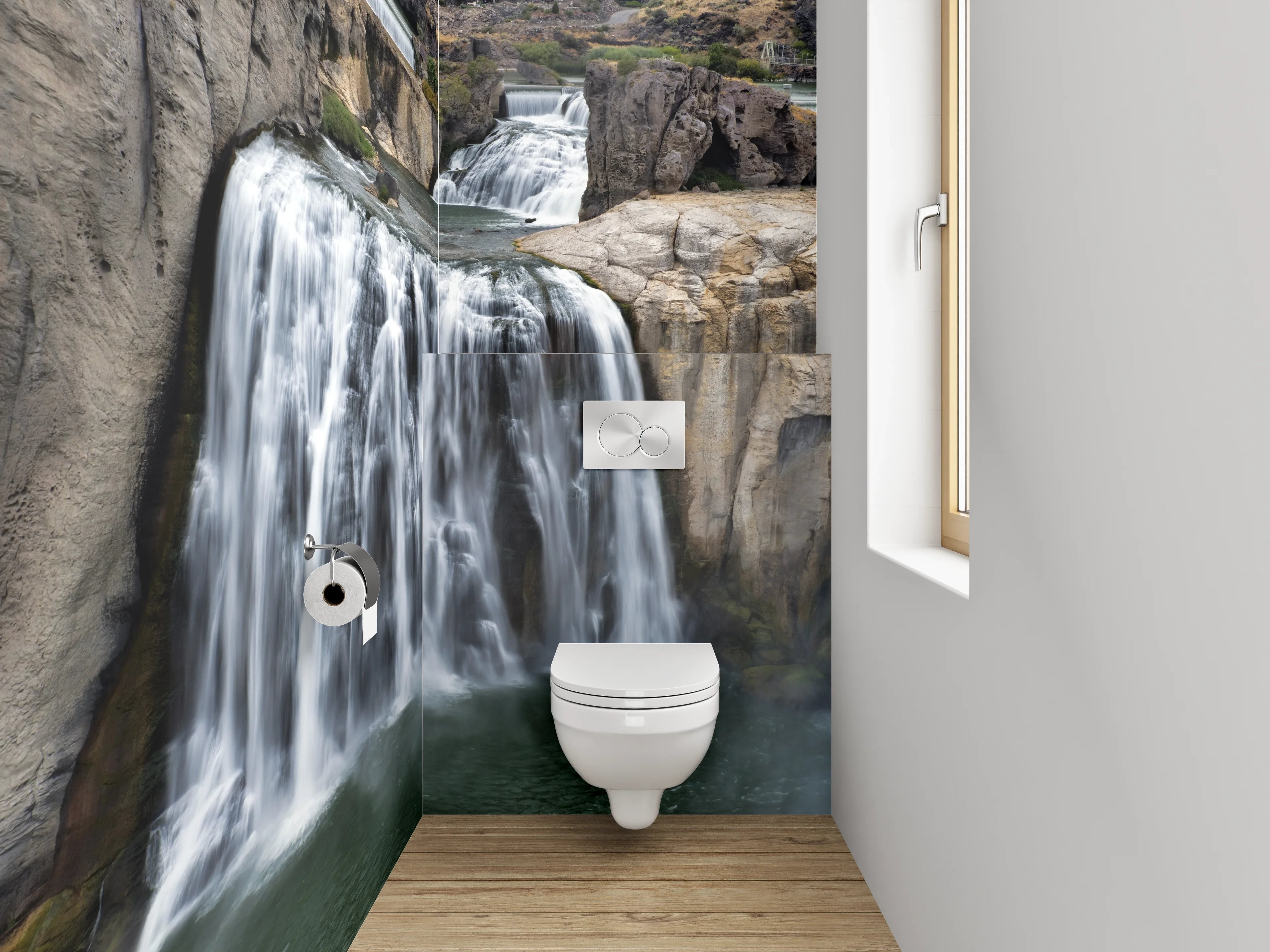 WC-Rückwand - Grauschleier über weißem Wasserfall