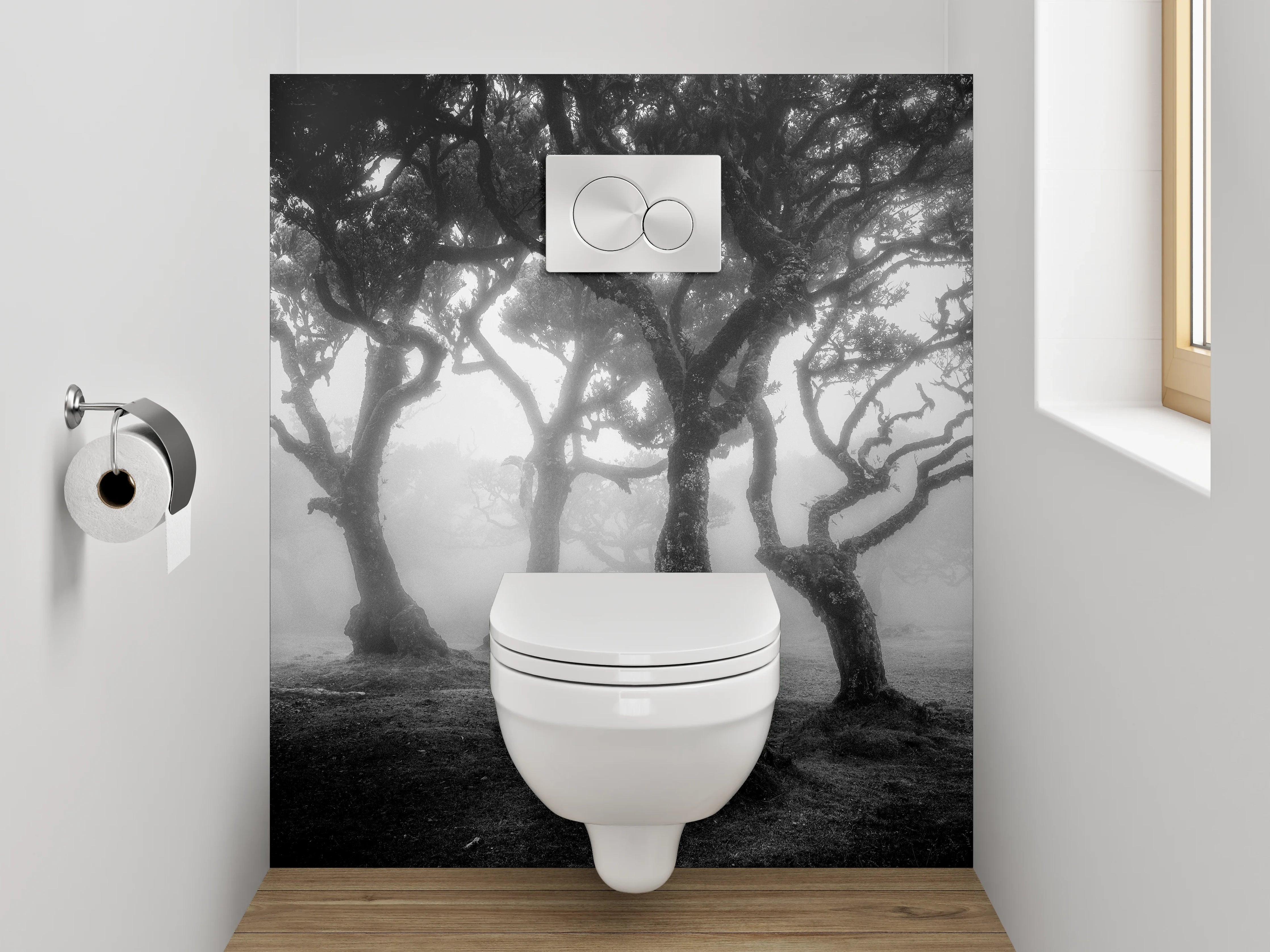 WC-Rückwand - Grauschleier über weißen Waldträumen