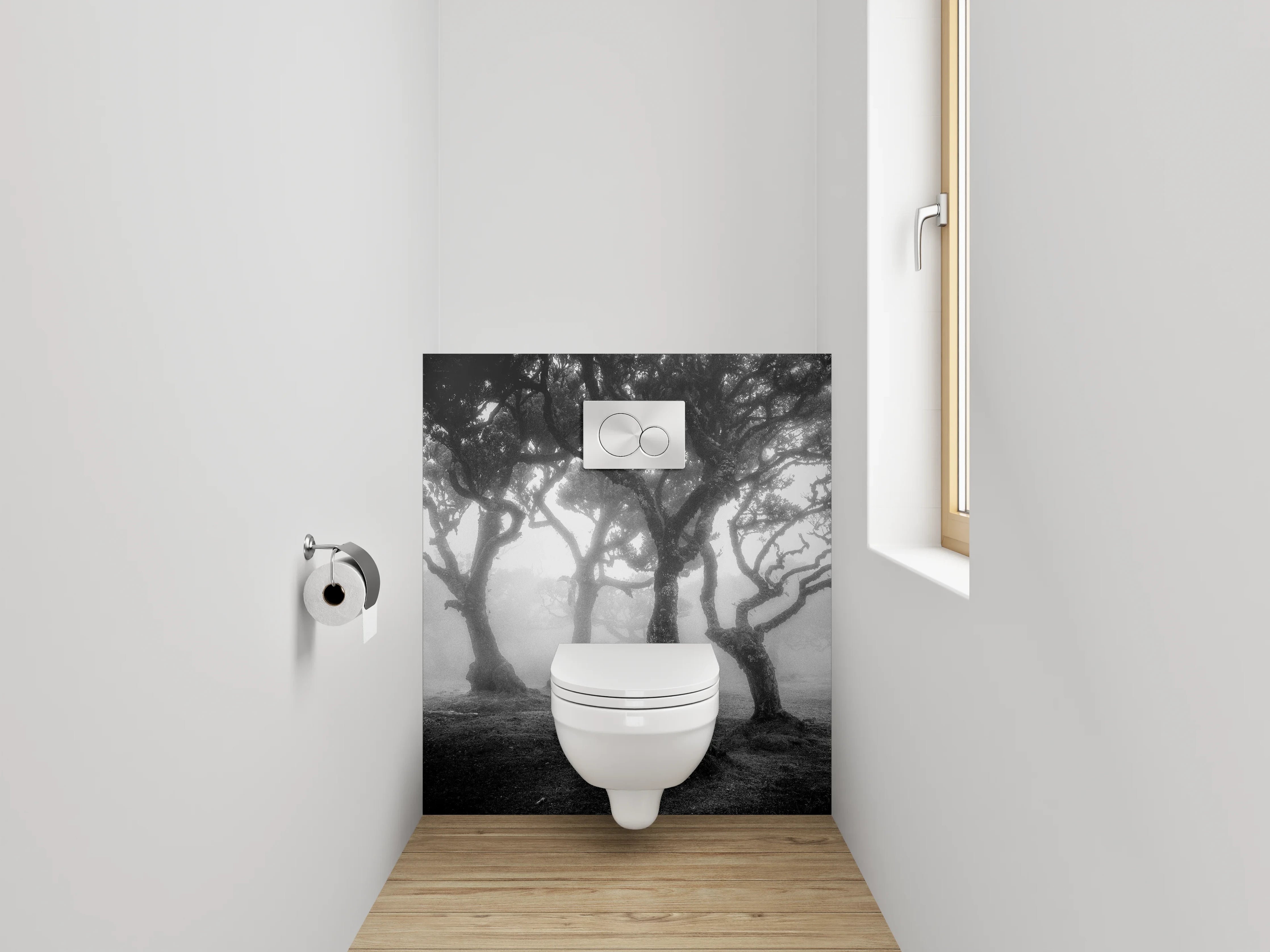 WC-Rückwand - Grauschleier über weißen Waldträumen