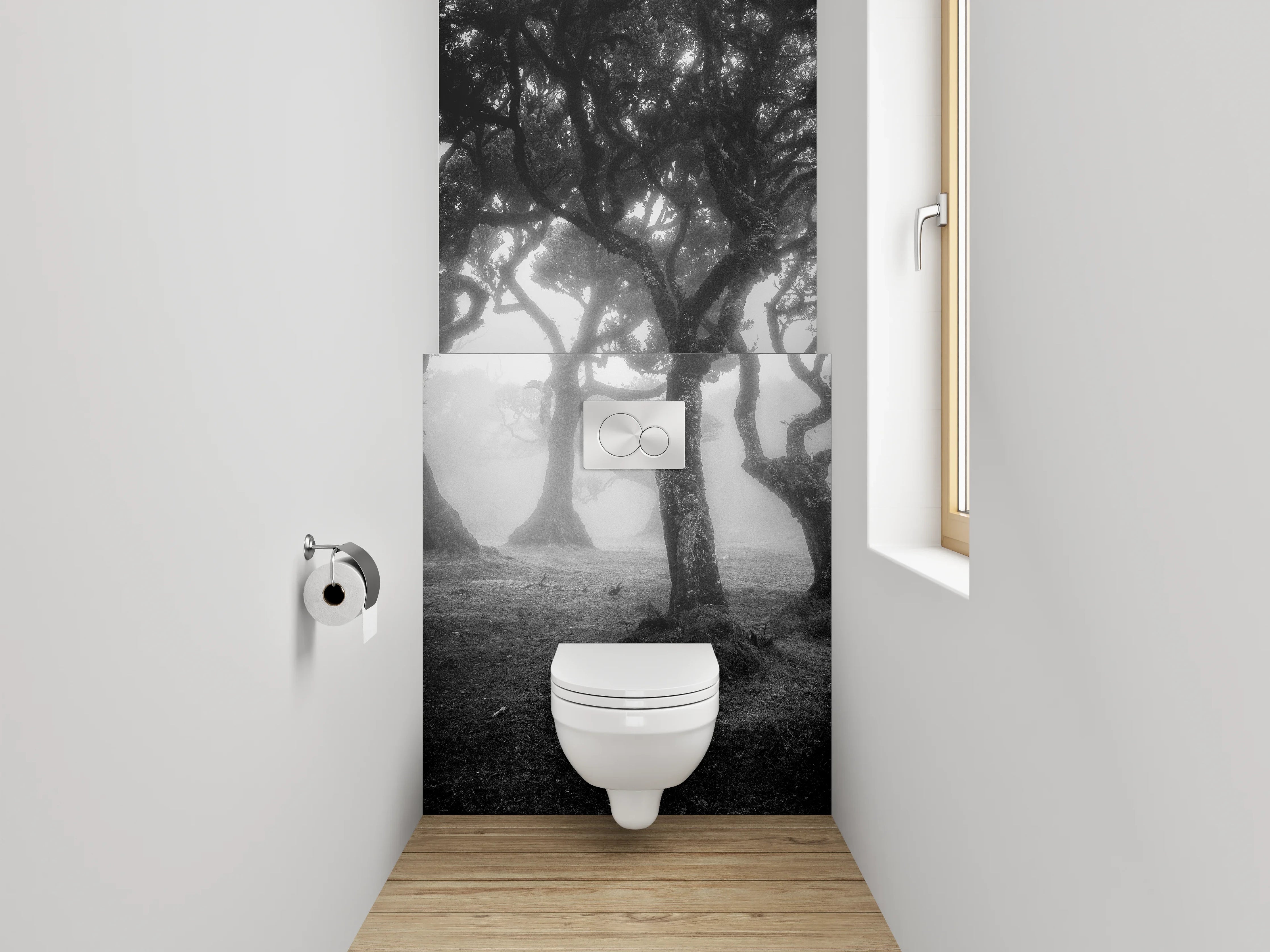 WC-Rückwand - Grauschleier über weißen Waldträumen