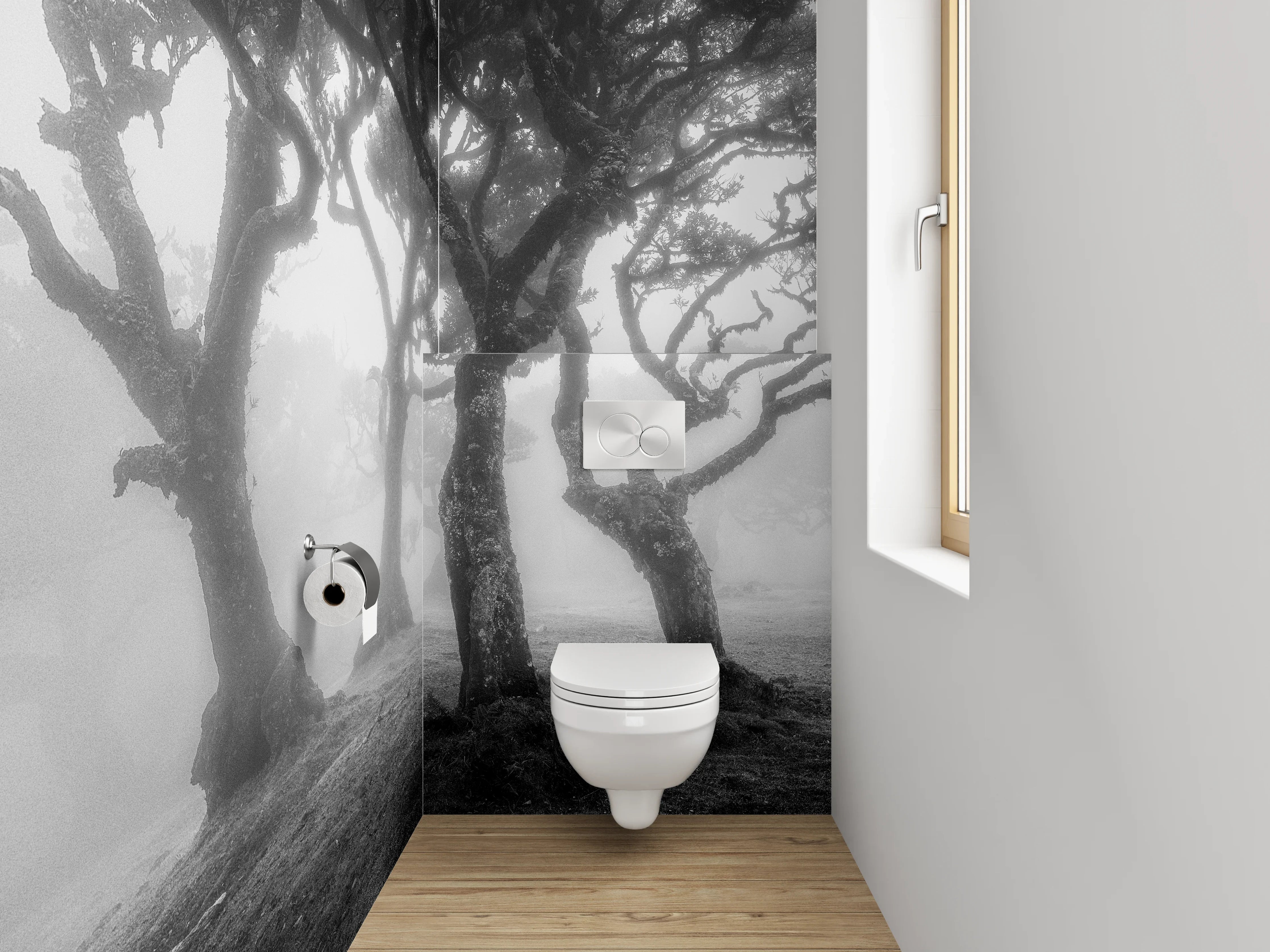 WC-Rückwand - Grauschleier über weißen Waldträumen