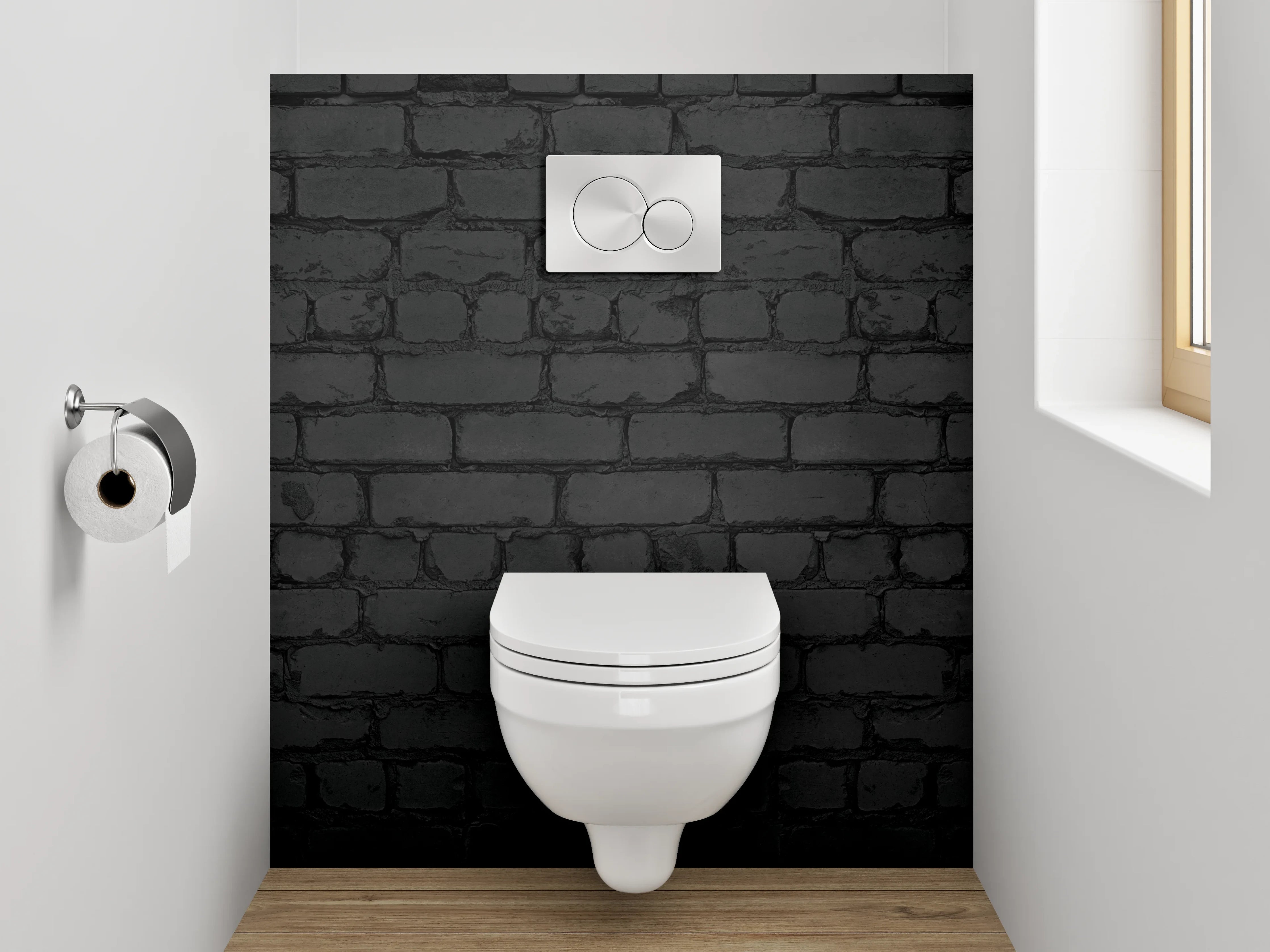WC-Rückwand - Grauschwarze Backsteinwand im Loftstil
