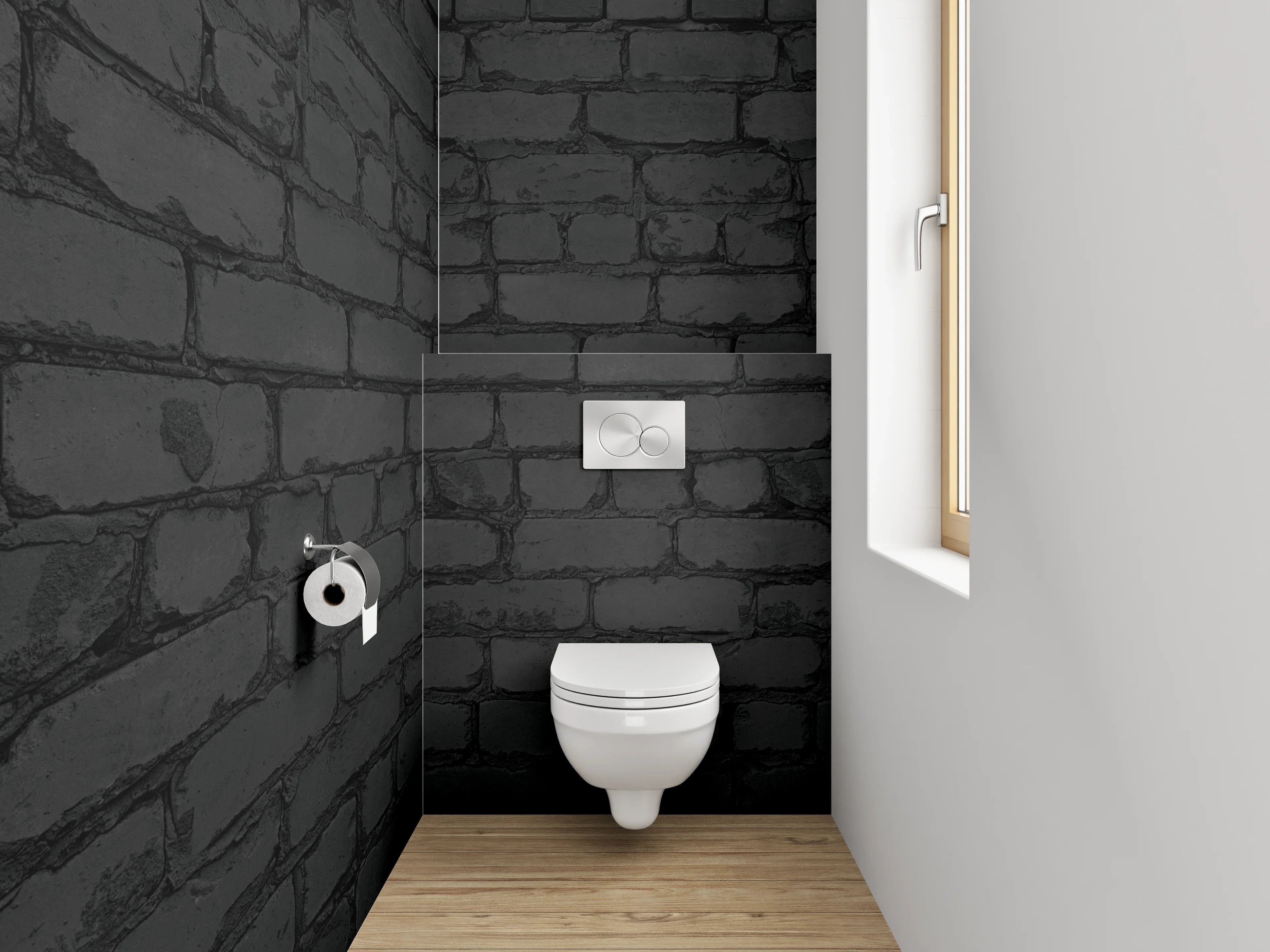 WC-Rückwand - Grauschwarze Backsteinwand im Loftstil