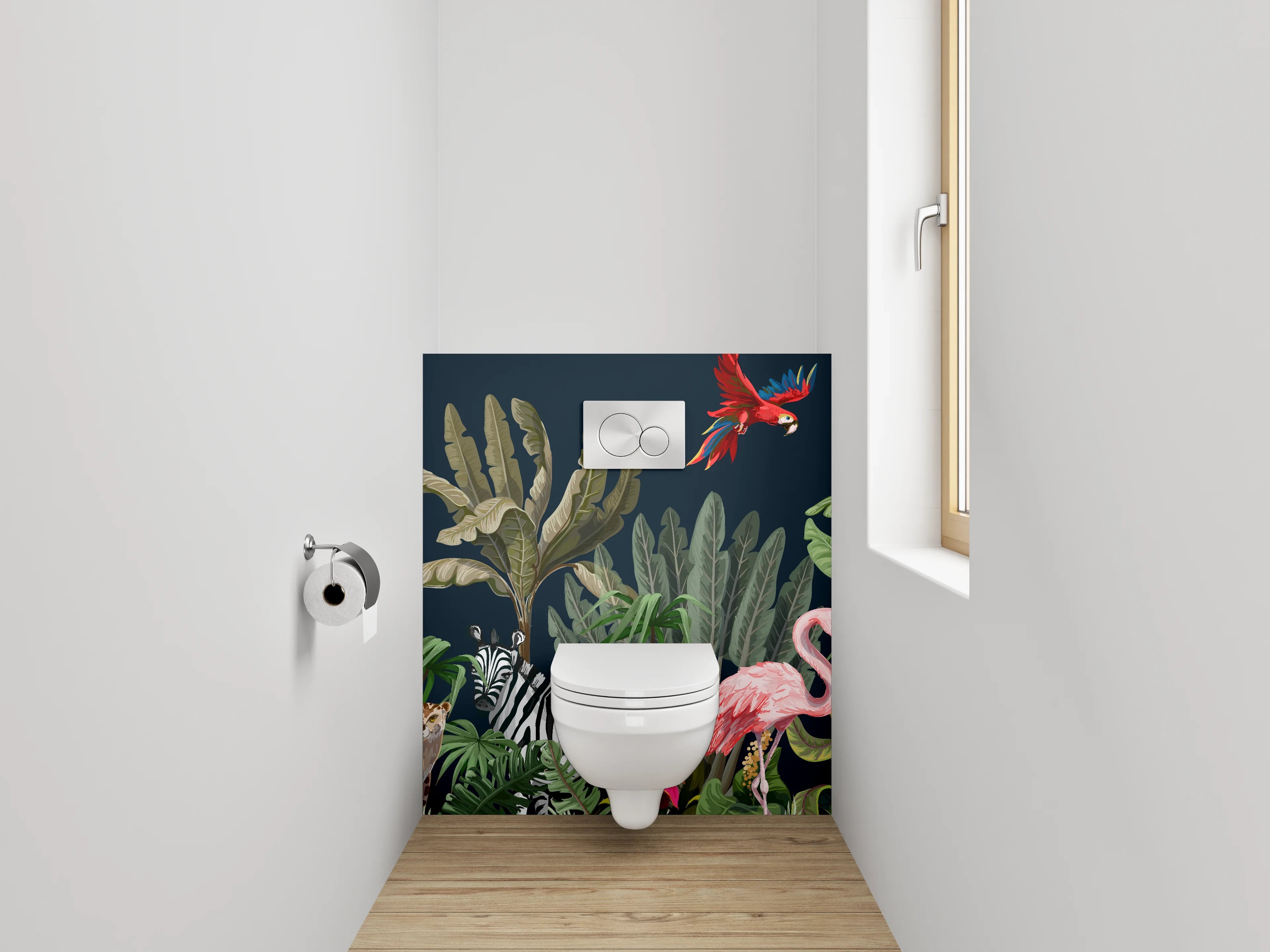 WC-Rückwand - Grautönige Dschungeltiere auf Weiß
