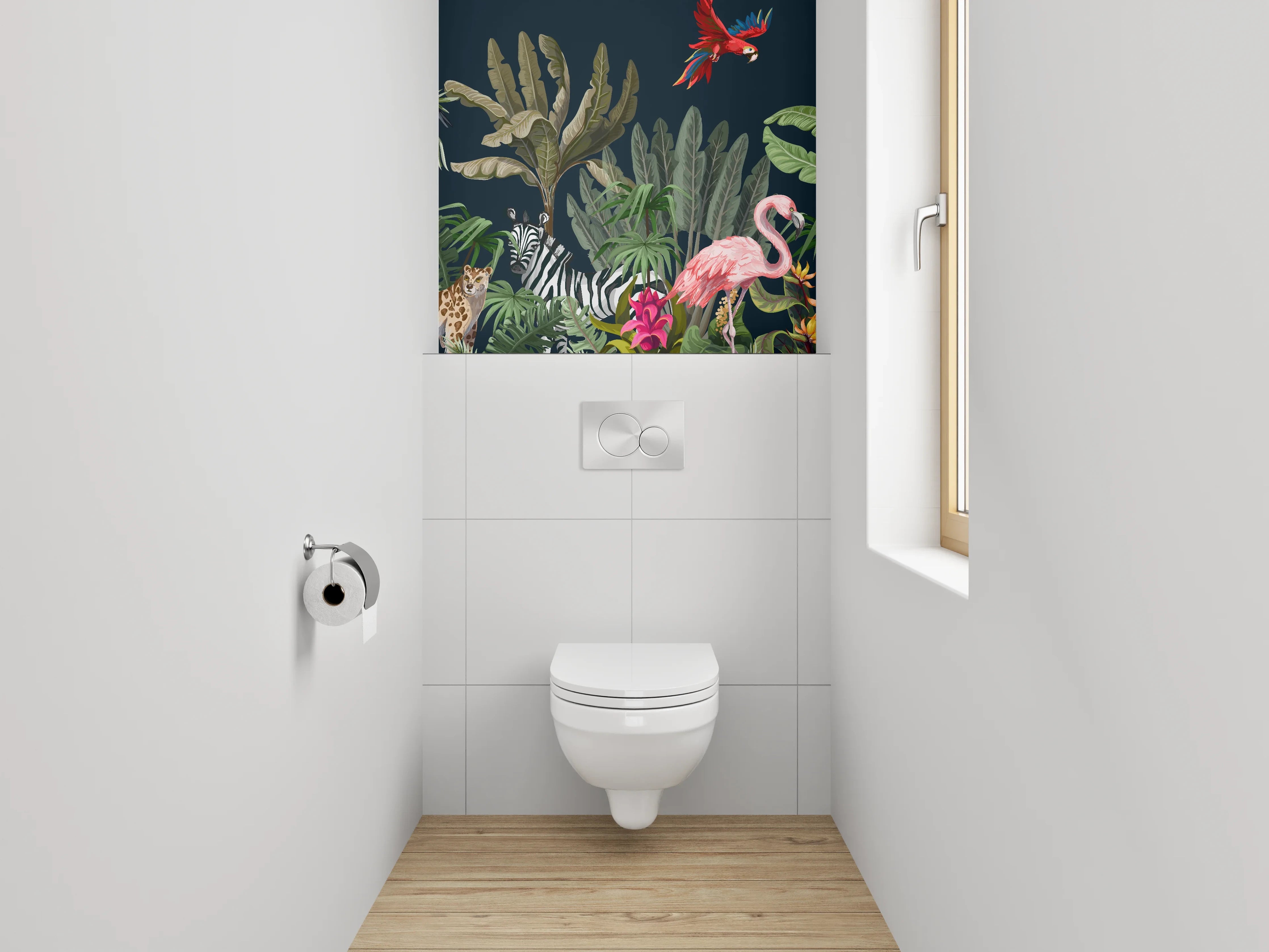 WC-Rückwand - Grautönige Dschungeltiere auf Weiß