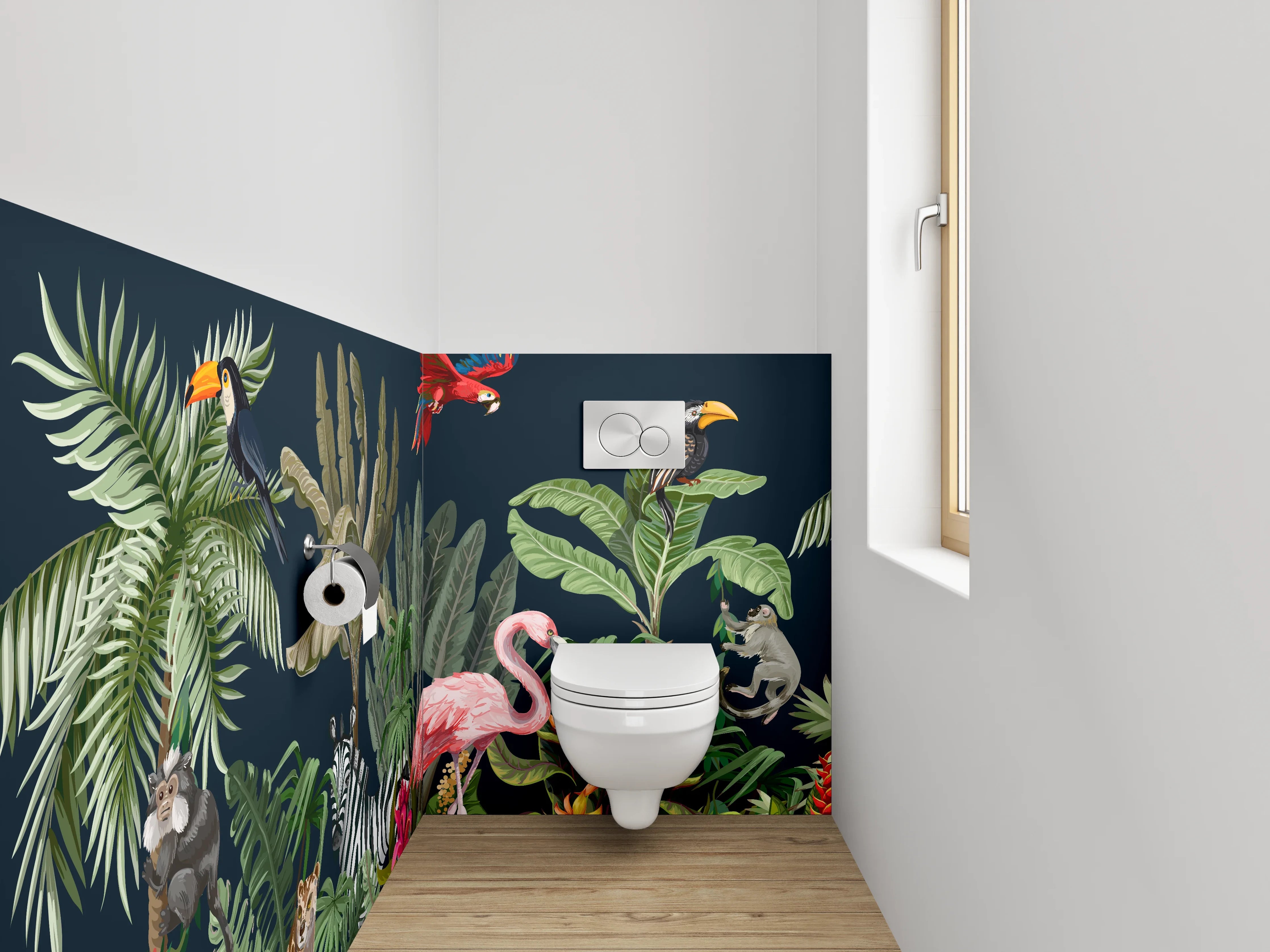WC-Rückwand - Grautönige Dschungeltiere auf Weiß