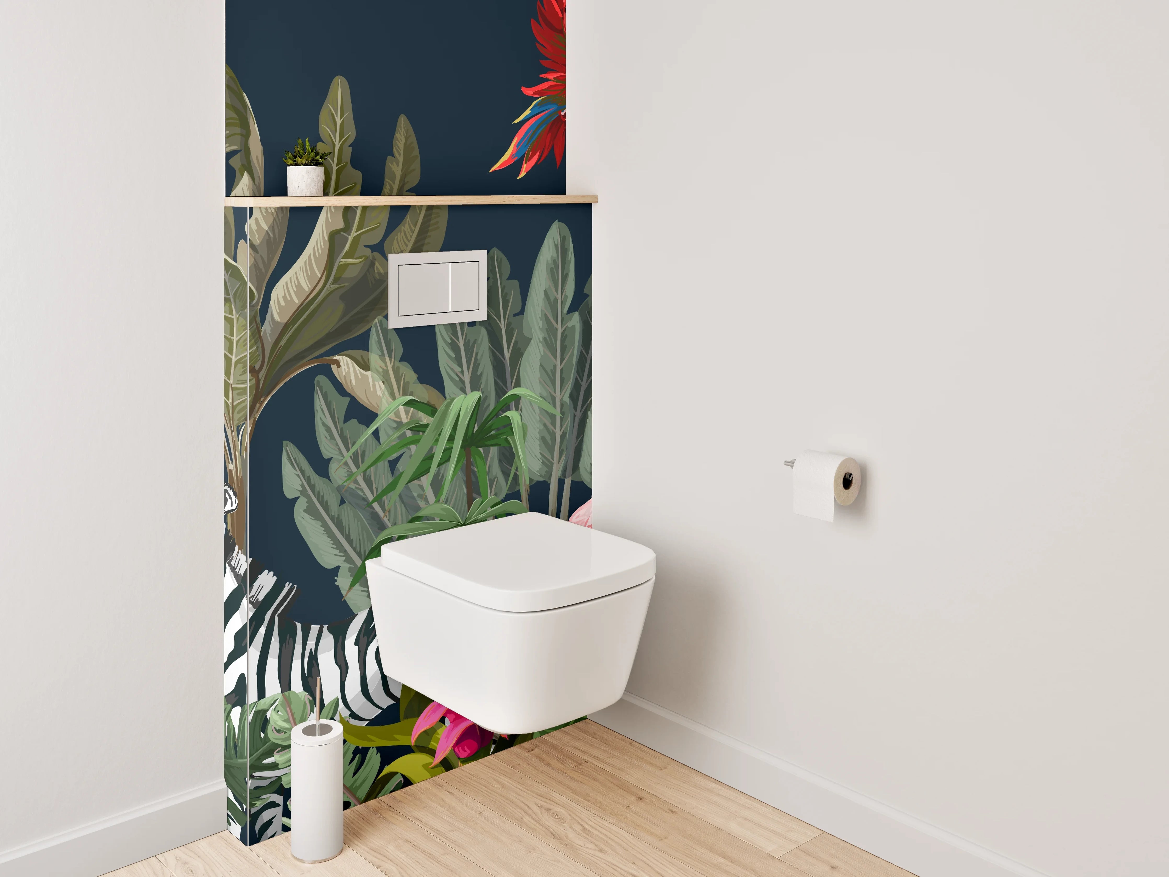 WC-Rückwand - Grautönige Dschungeltiere auf Weiß