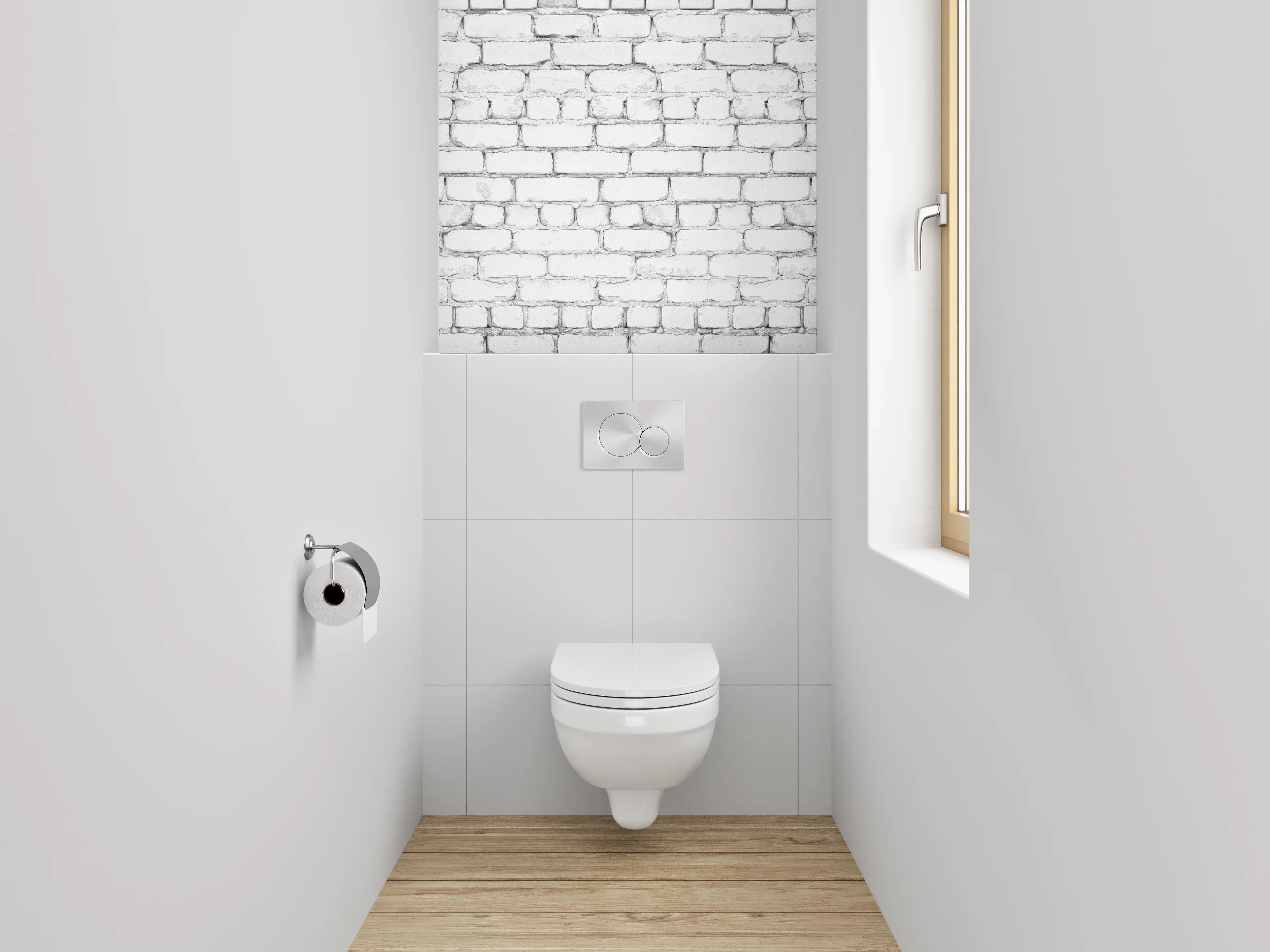 WC-Rückwand - Grauweiße Backsteinwand im modernen Stil