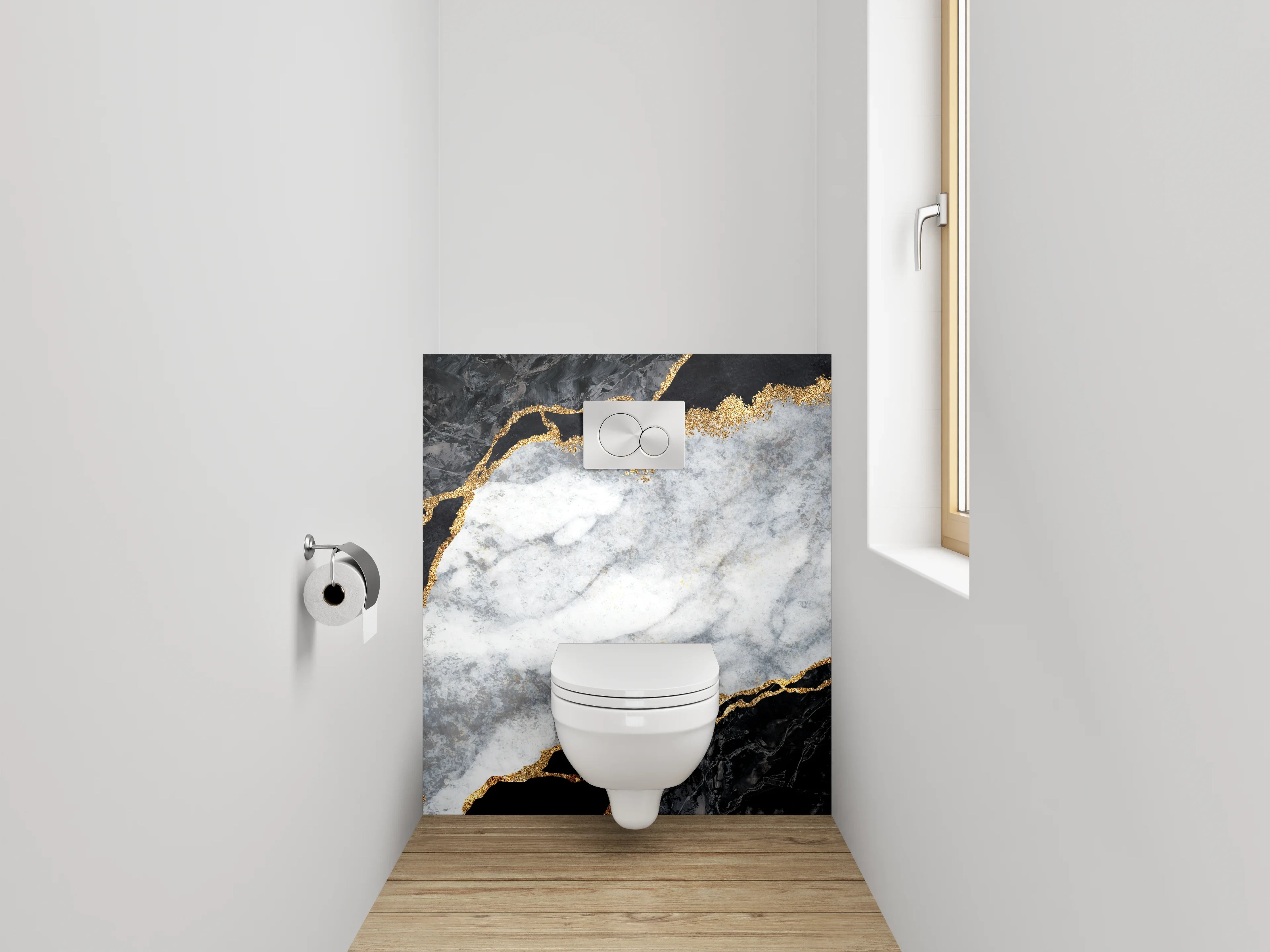 WC-Rückwand - Grauweißer Marmor mit Goldakzent