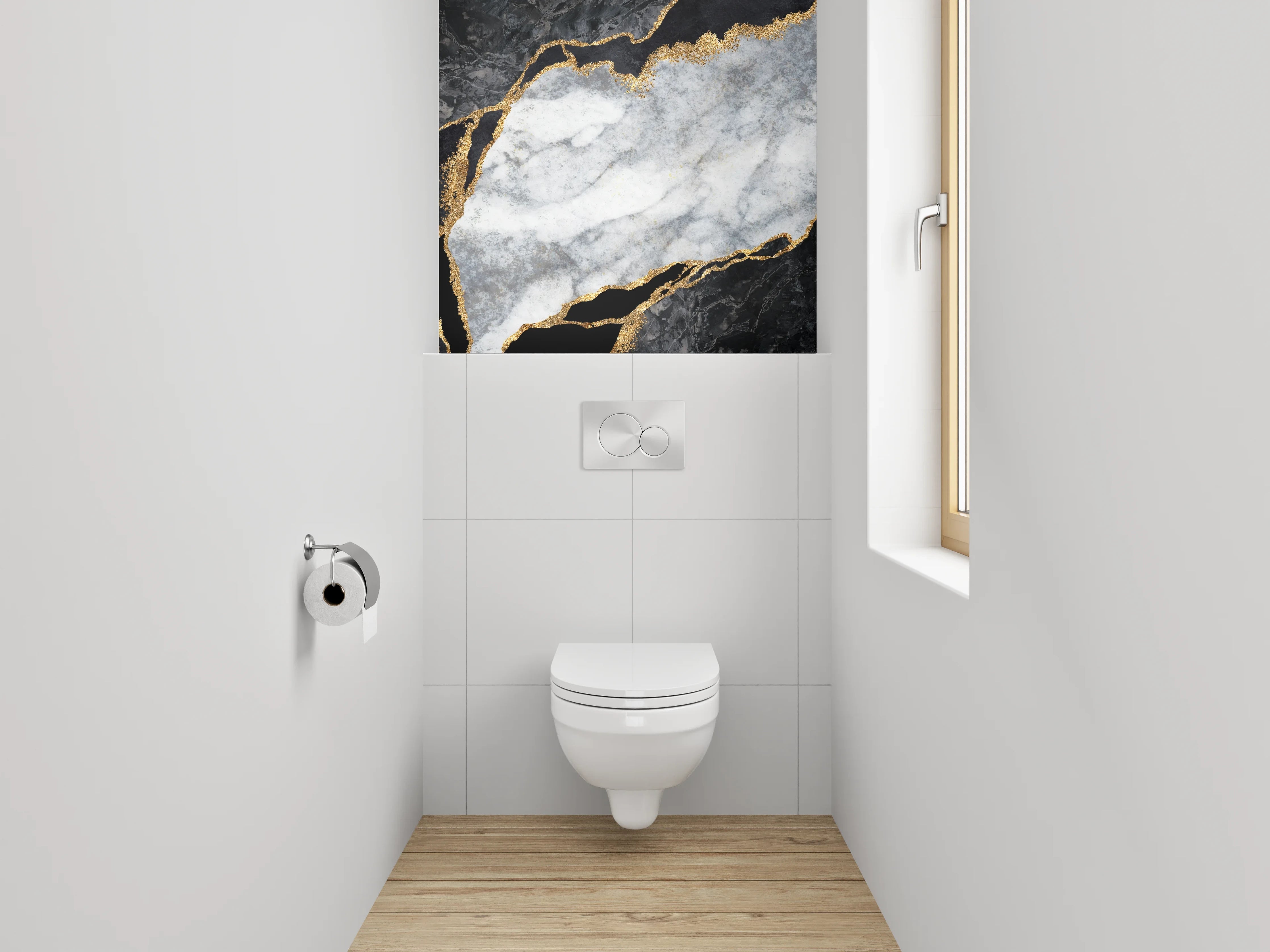 WC-Rückwand - Grauweißer Marmor mit Goldakzent