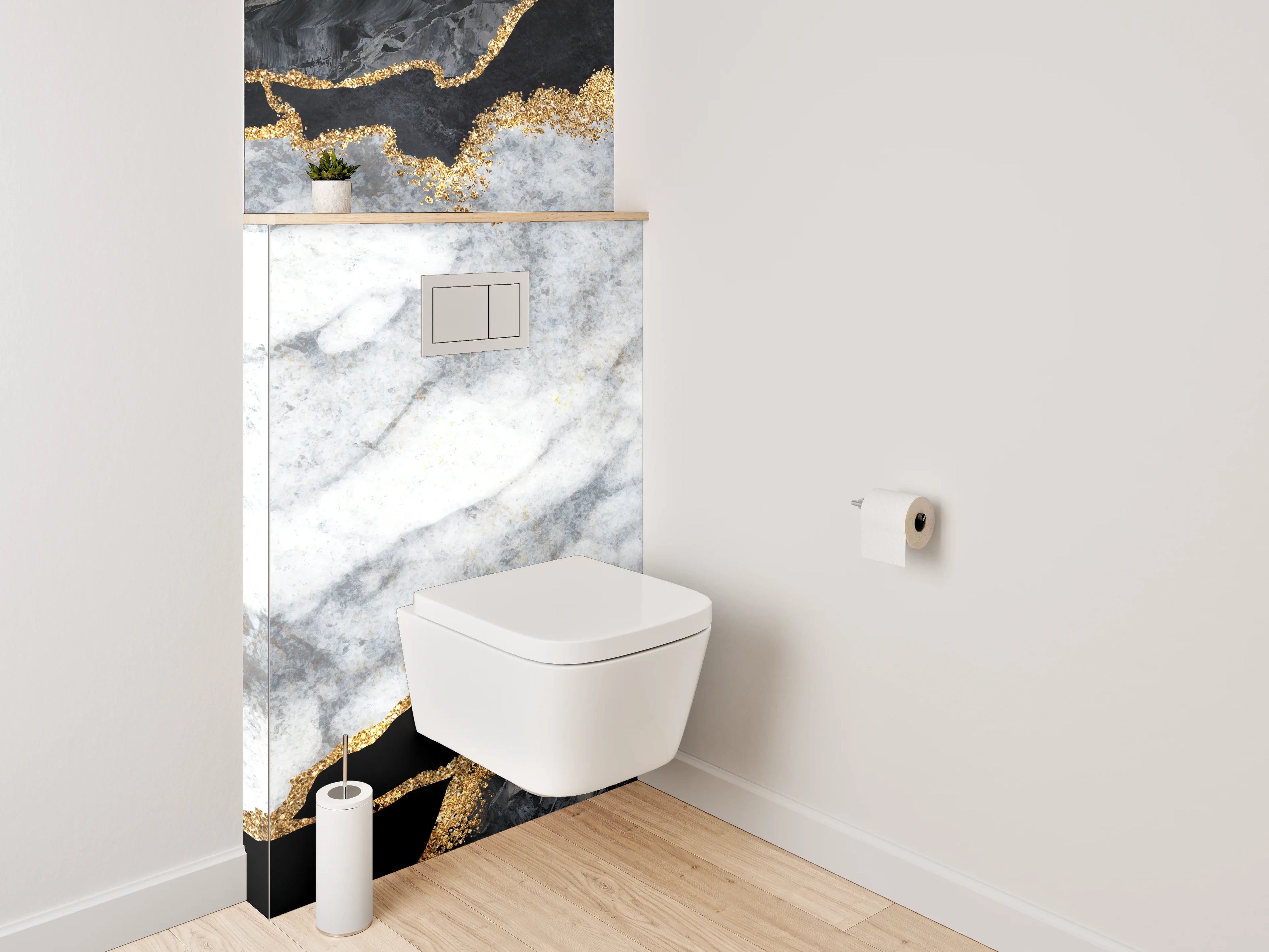 WC-Rückwand - Grauweißer Marmor mit Goldakzent