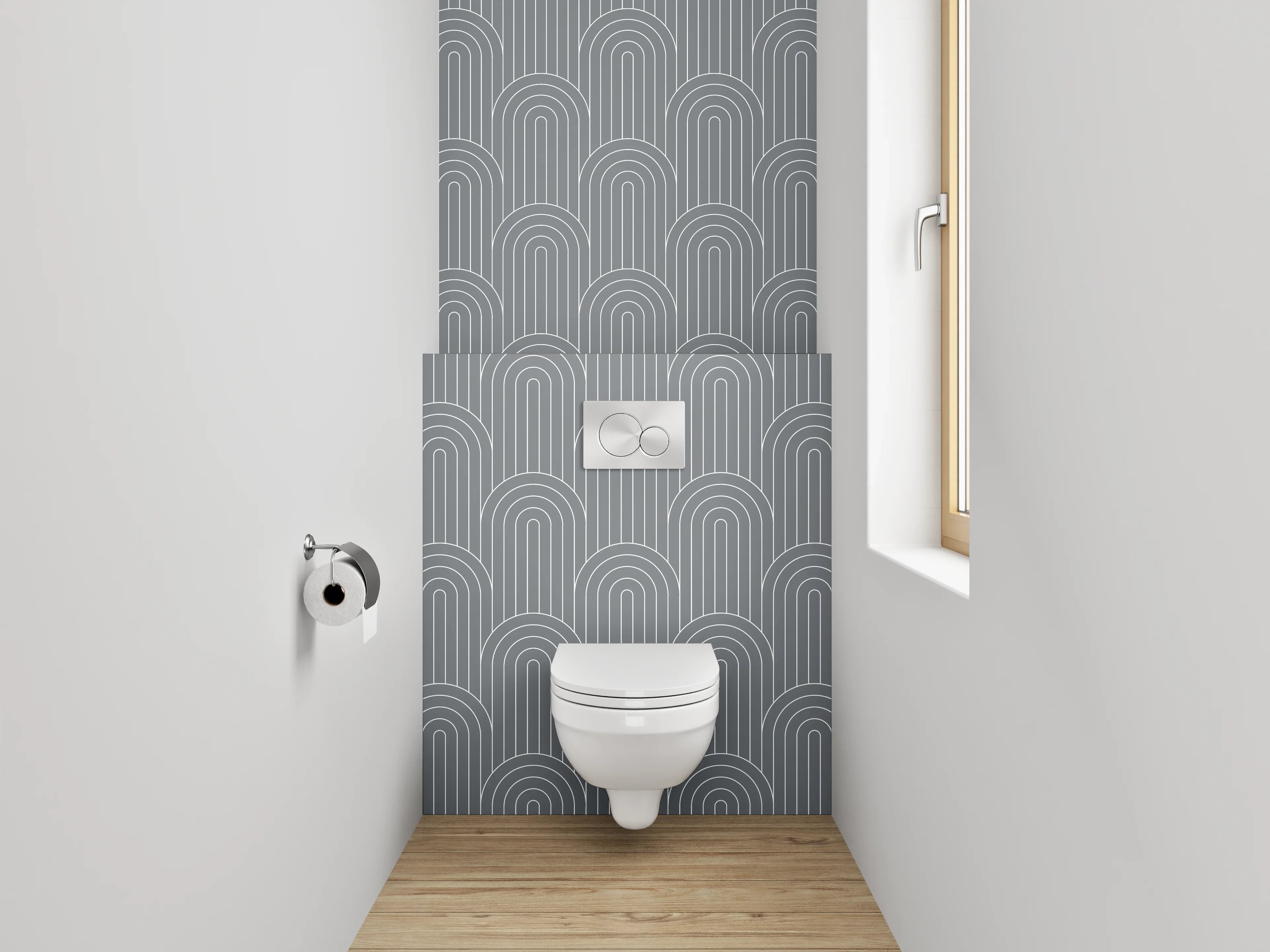 WC-Rückwand - Grauweißes Art-Deco-Muster mit Blautönen
