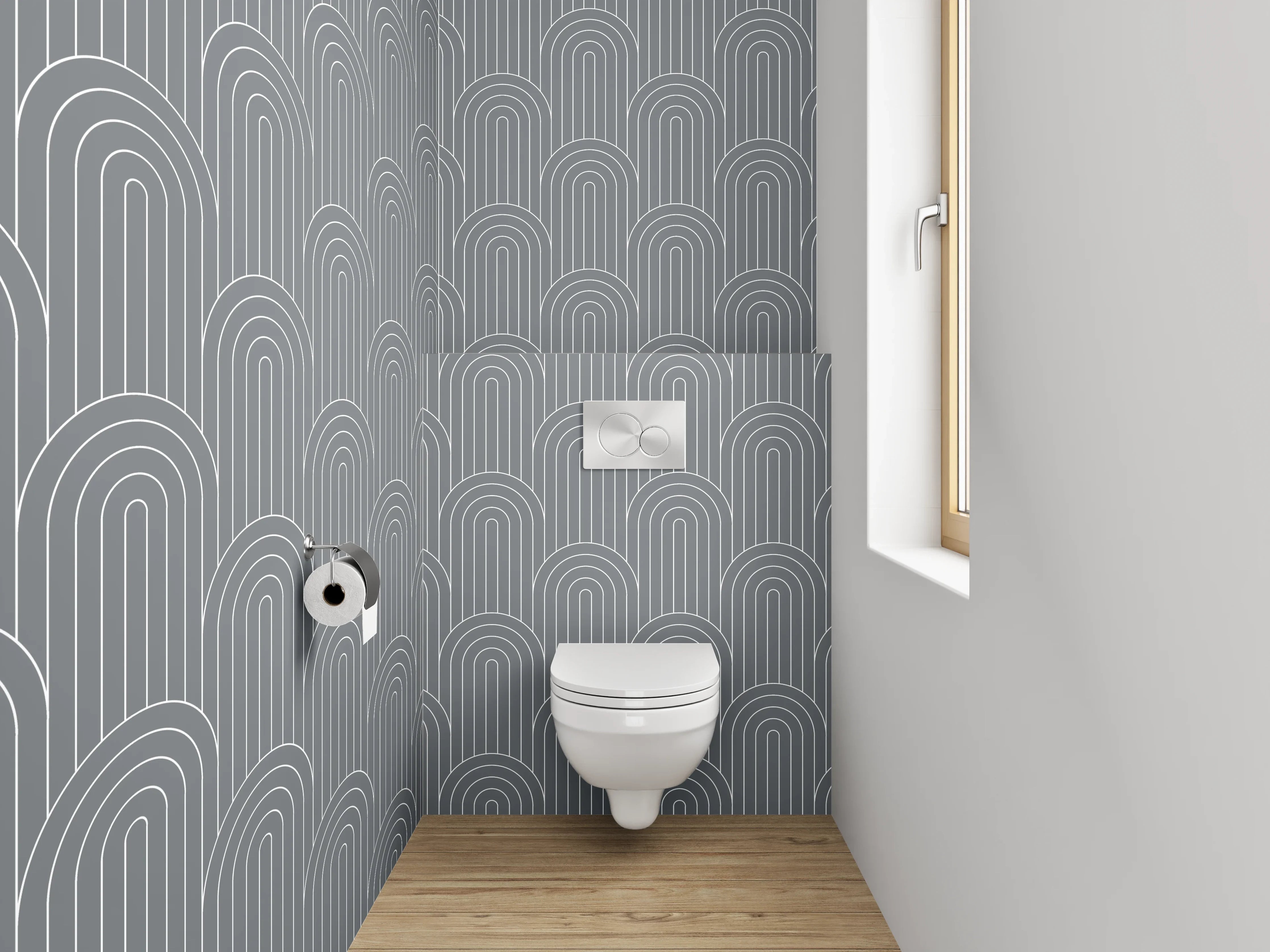 WC-Rückwand - Grauweißes Art-Deco-Muster mit Blautönen