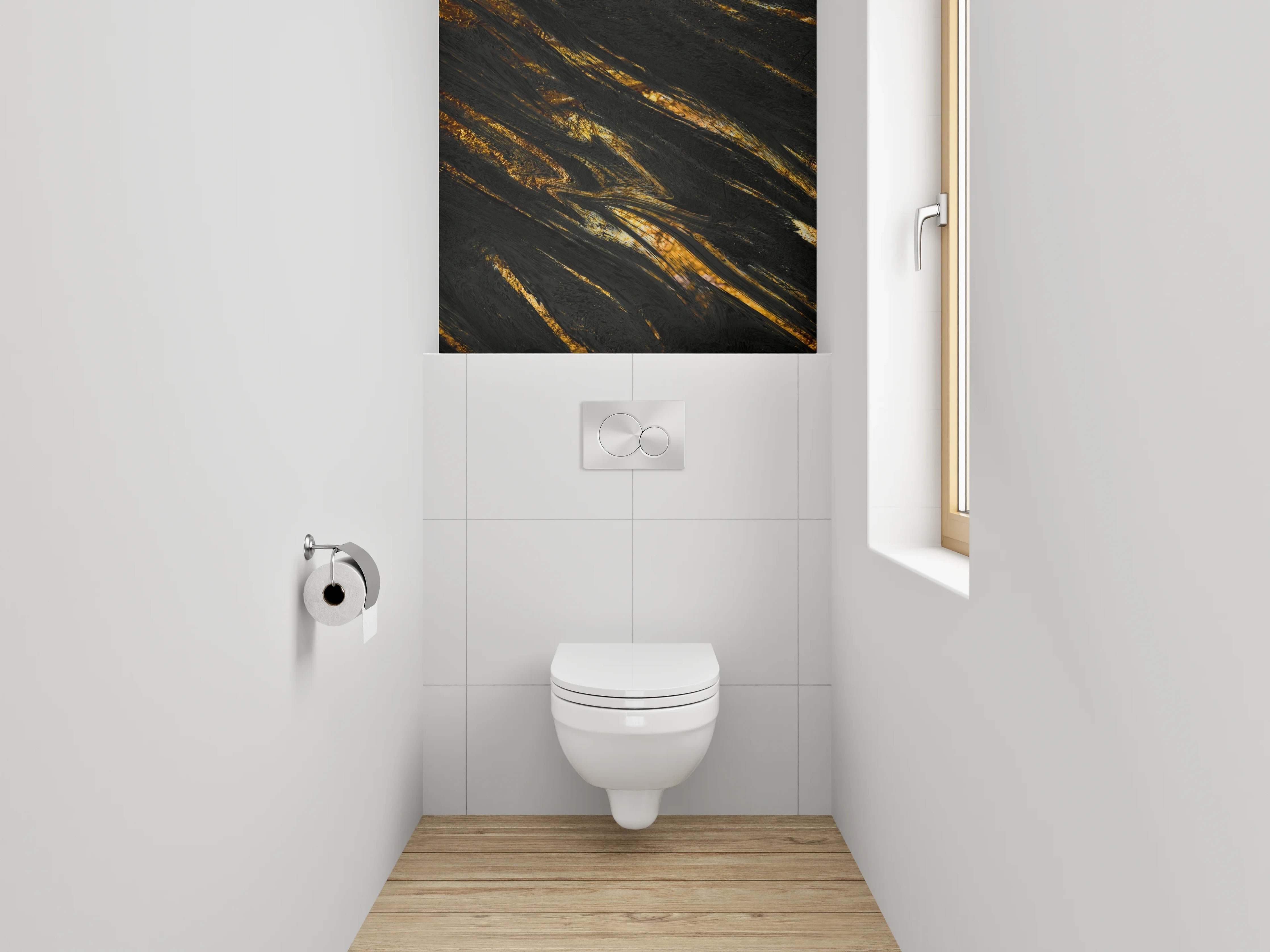 WC-Rückwand - Grauweißes Gestein mit goldenen Linien