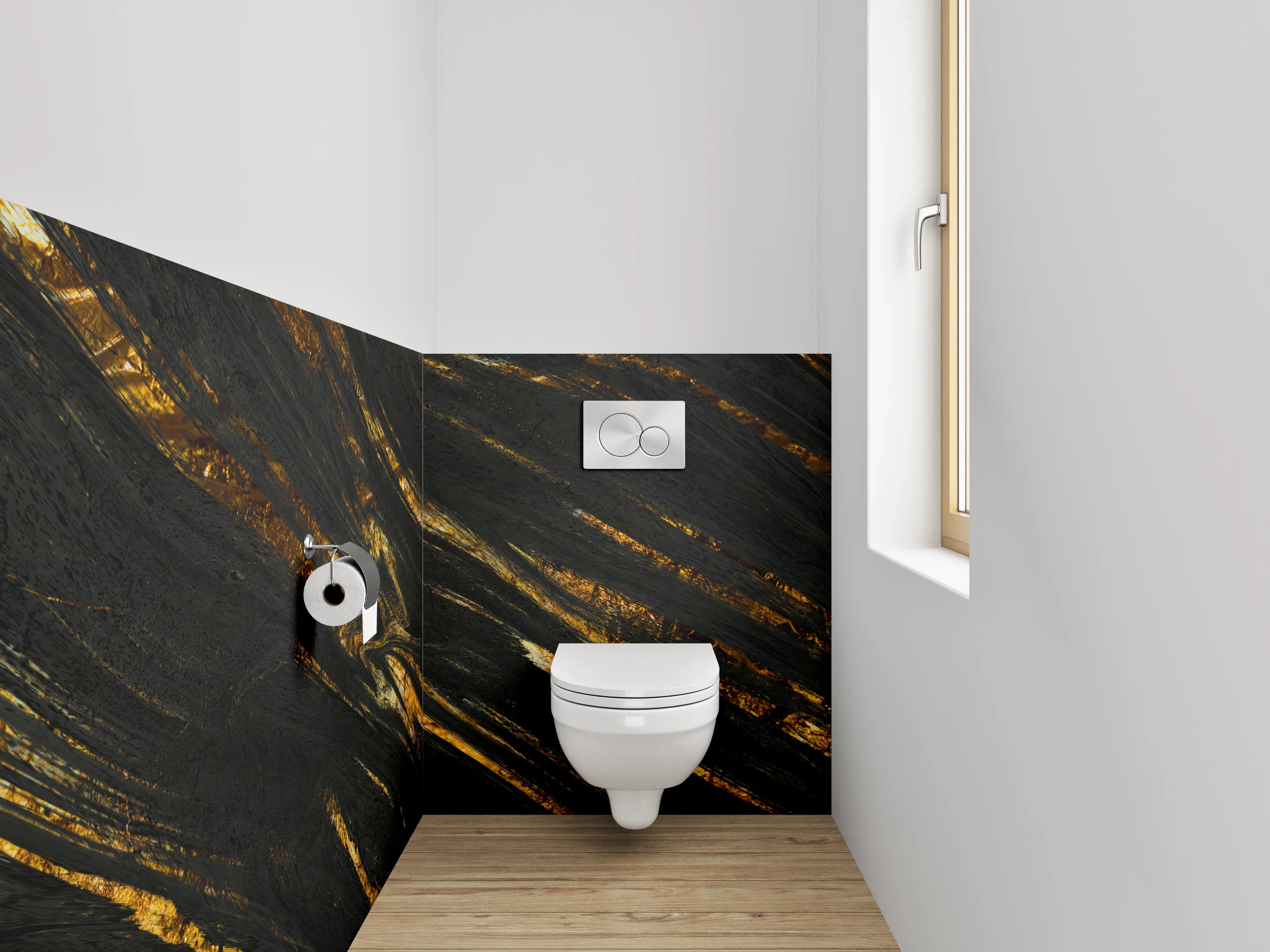 WC-Rückwand - Grauweißes Gestein mit goldenen Linien