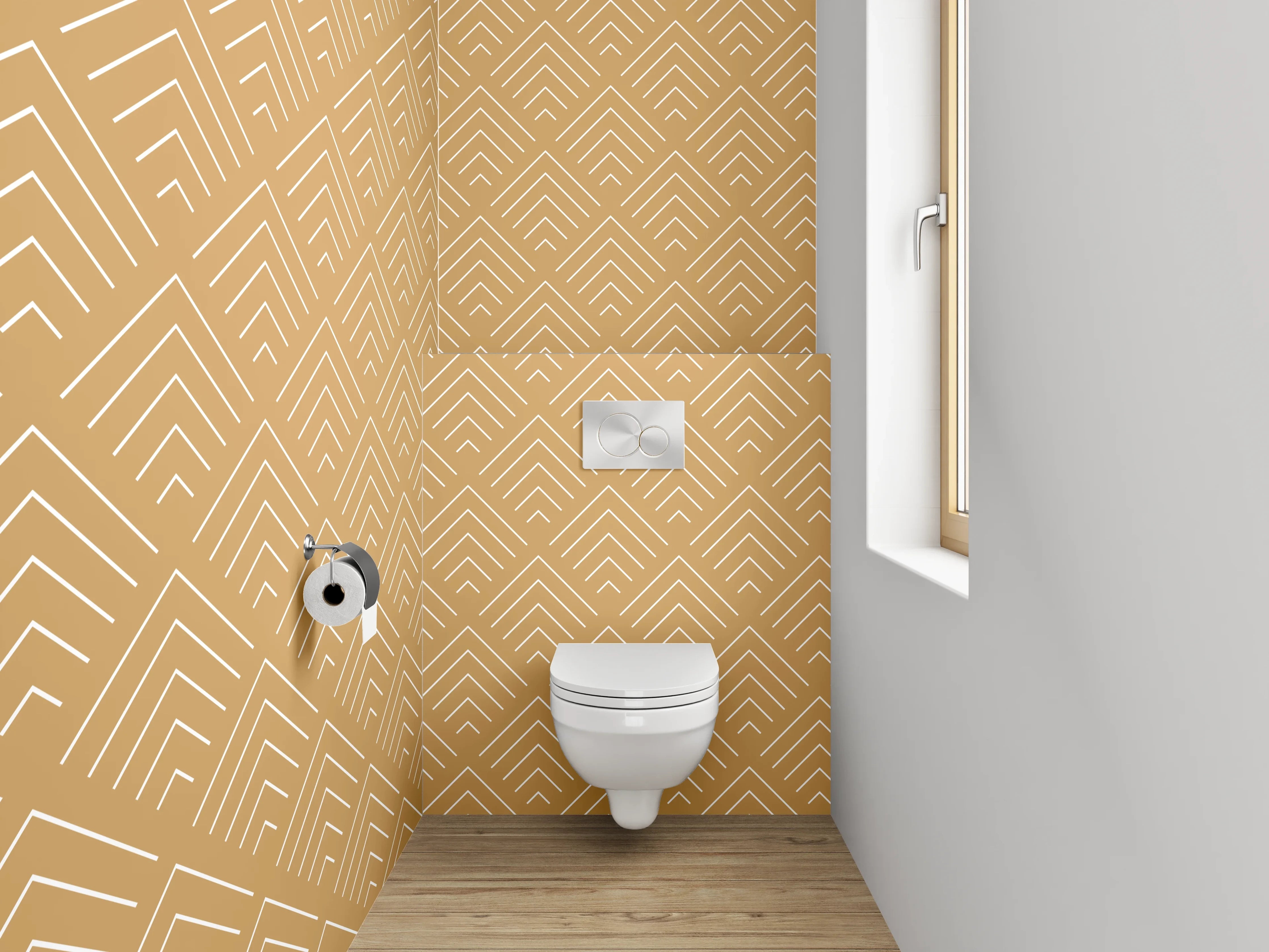 WC-Rückwand - Grauweißes Linienornament auf Sandton