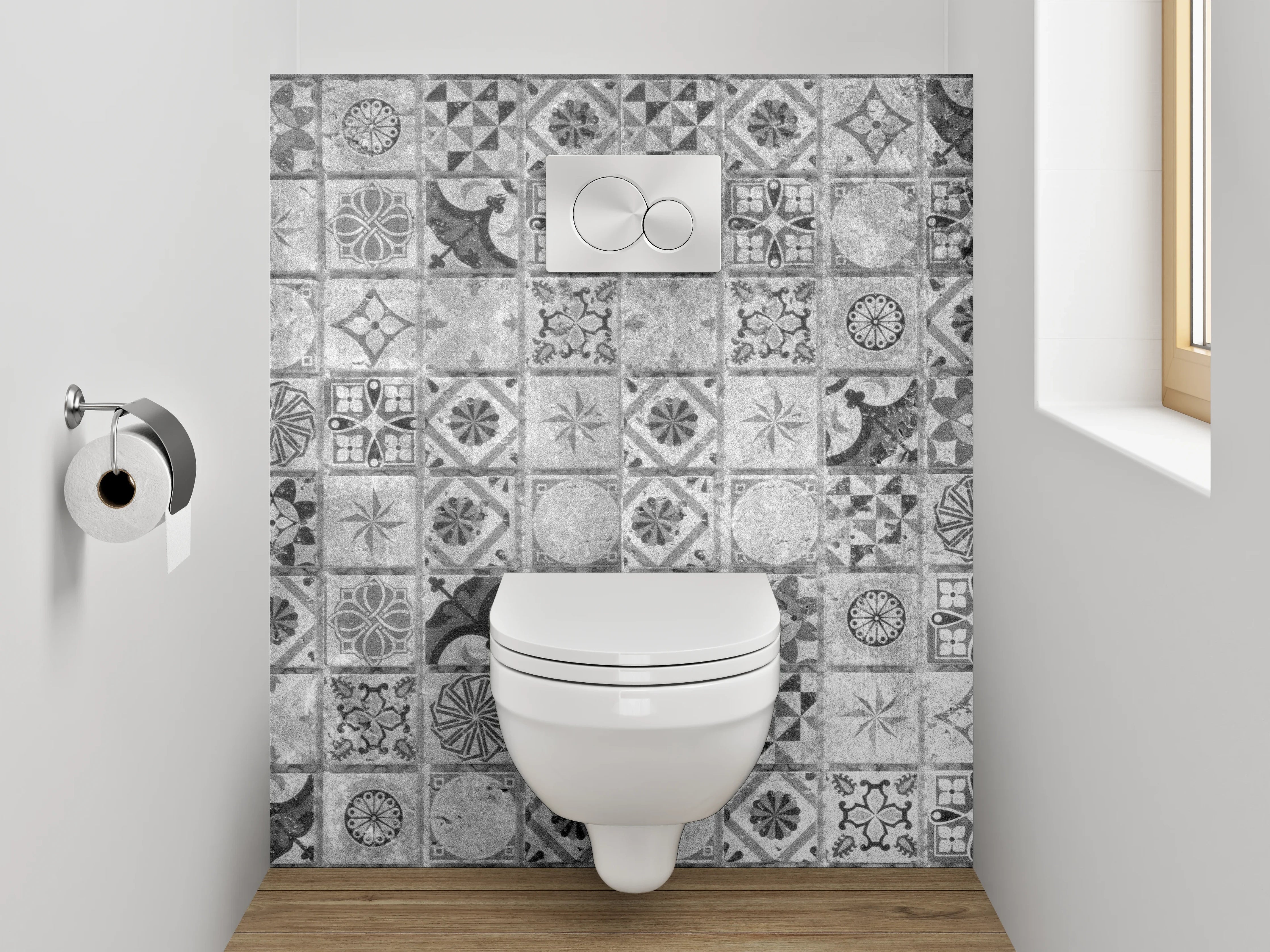 WC-Rückwand - Grauweißes Retro-Fliesendesign mit Muster