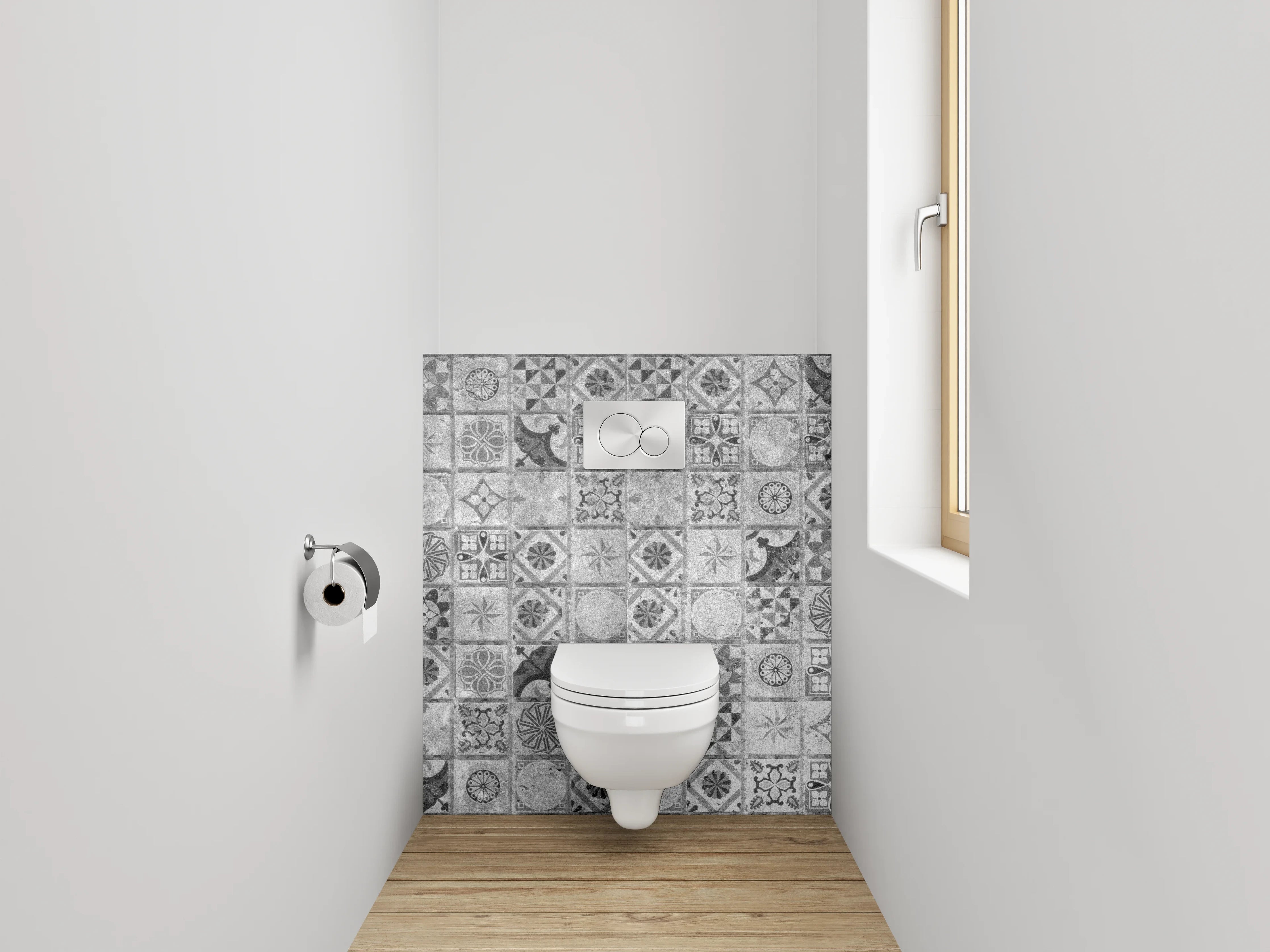 WC-Rückwand - Grauweißes Retro-Fliesendesign mit Muster