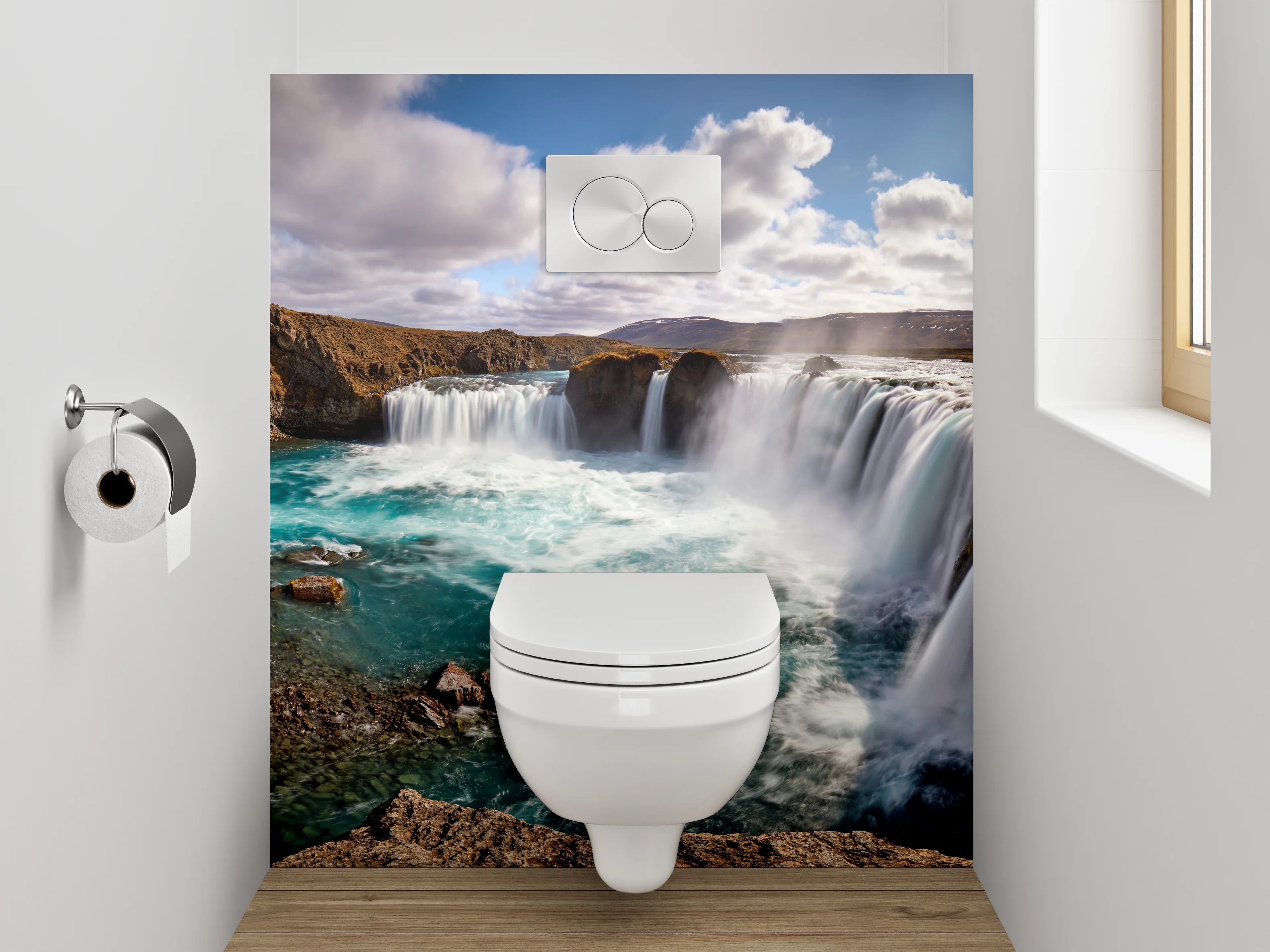 WC-Rückwand - Grauweißes Wasserfall-Inselpanorama