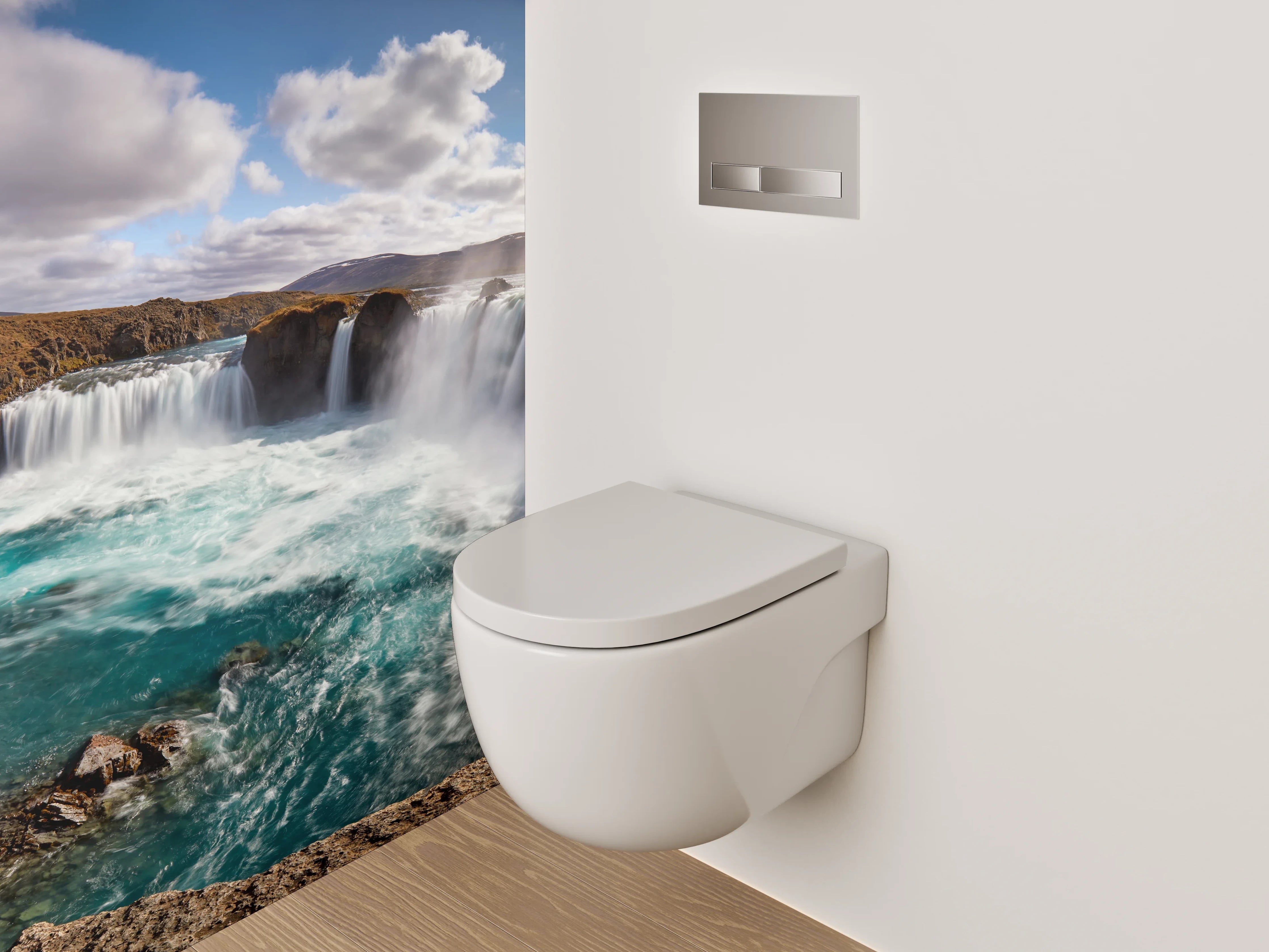 WC-Rückwand - Grauweißes Wasserfall-Inselpanorama