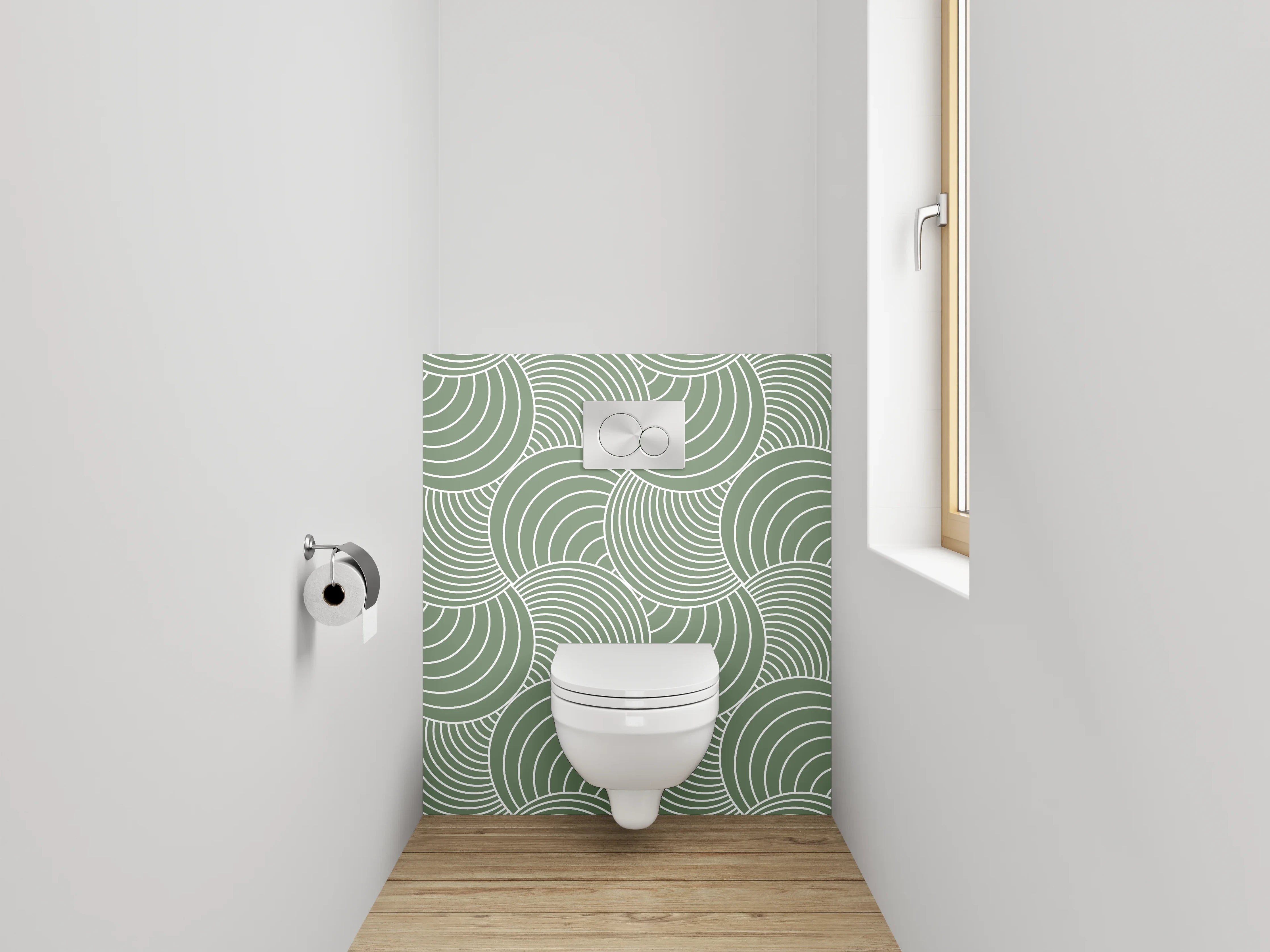 WC-Rückwand - Grün-Graues Wellenornament auf Weiß