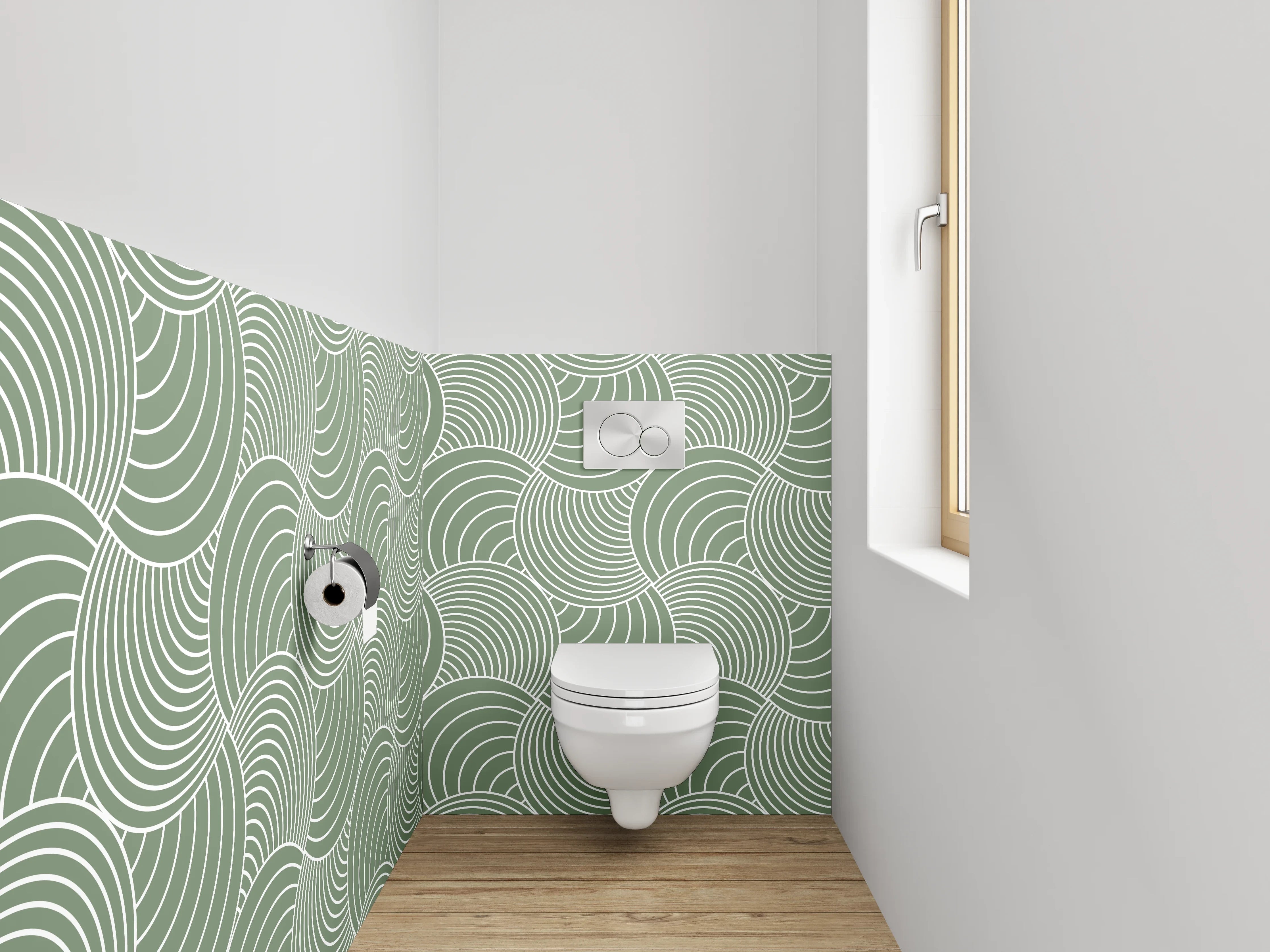 WC-Rückwand - Grün-Graues Wellenornament auf Weiß