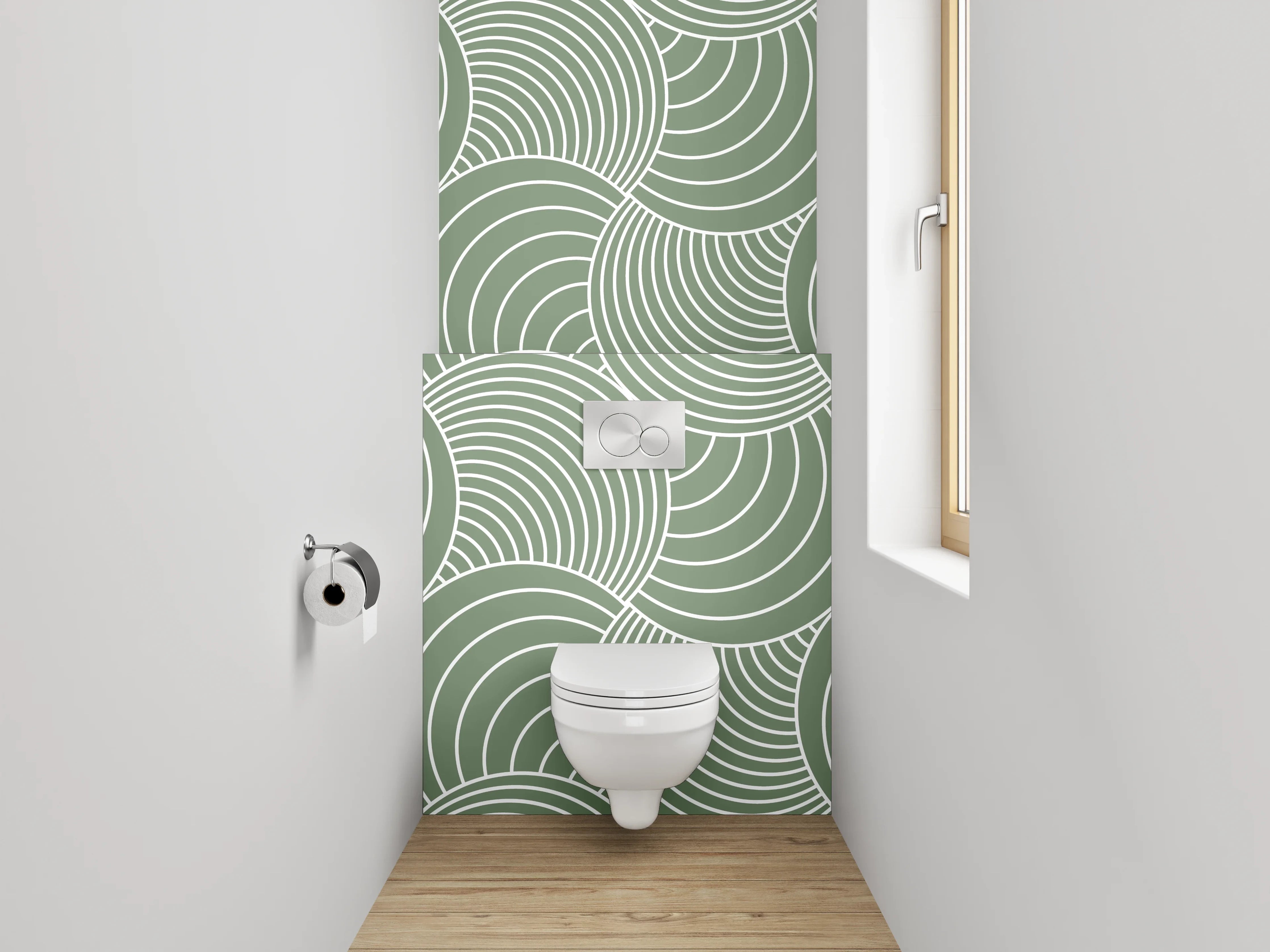 WC-Rückwand - Grün-Graues Wellenornament auf Weiß