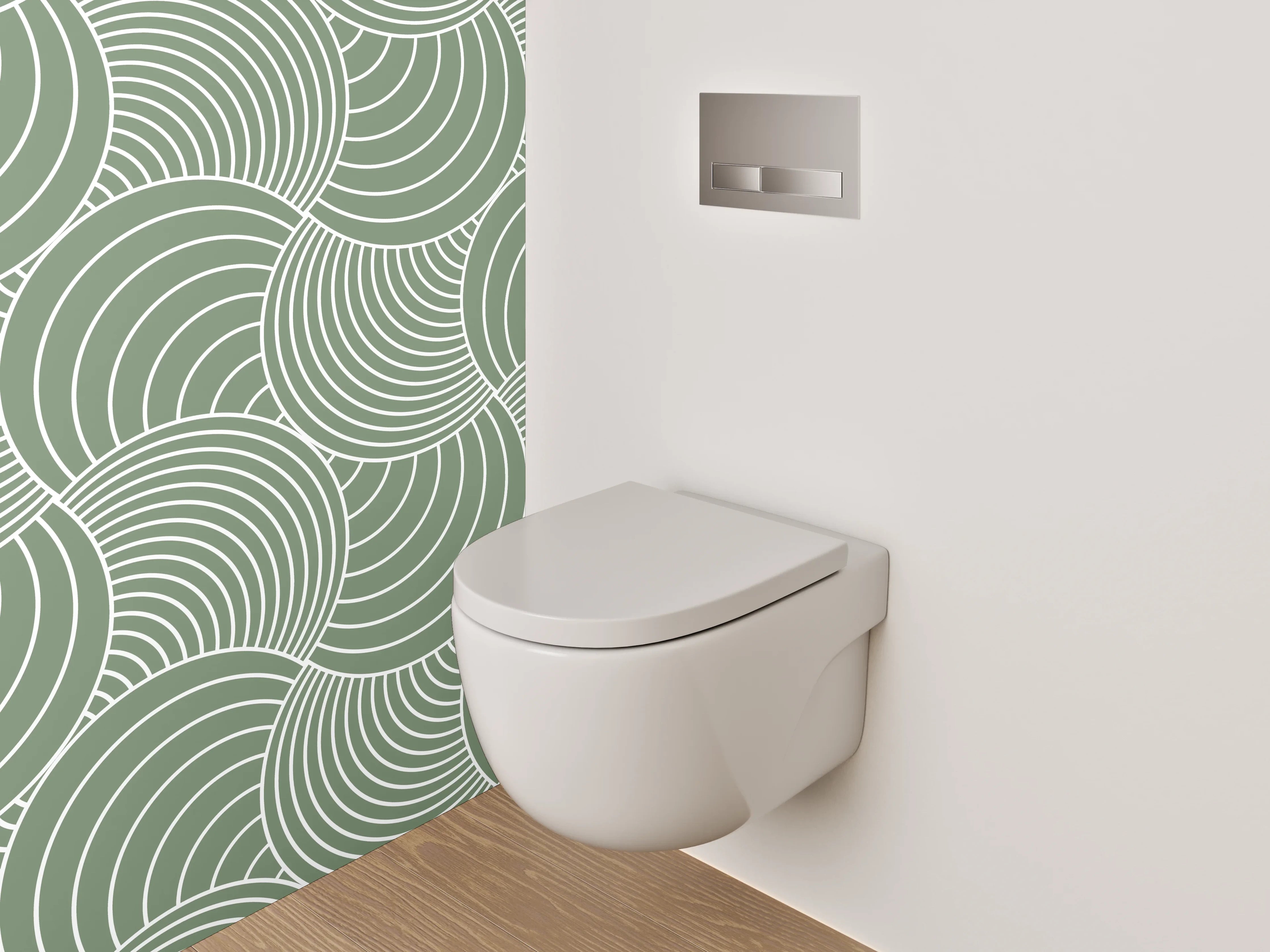 WC-Rückwand - Grün-Graues Wellenornament auf Weiß