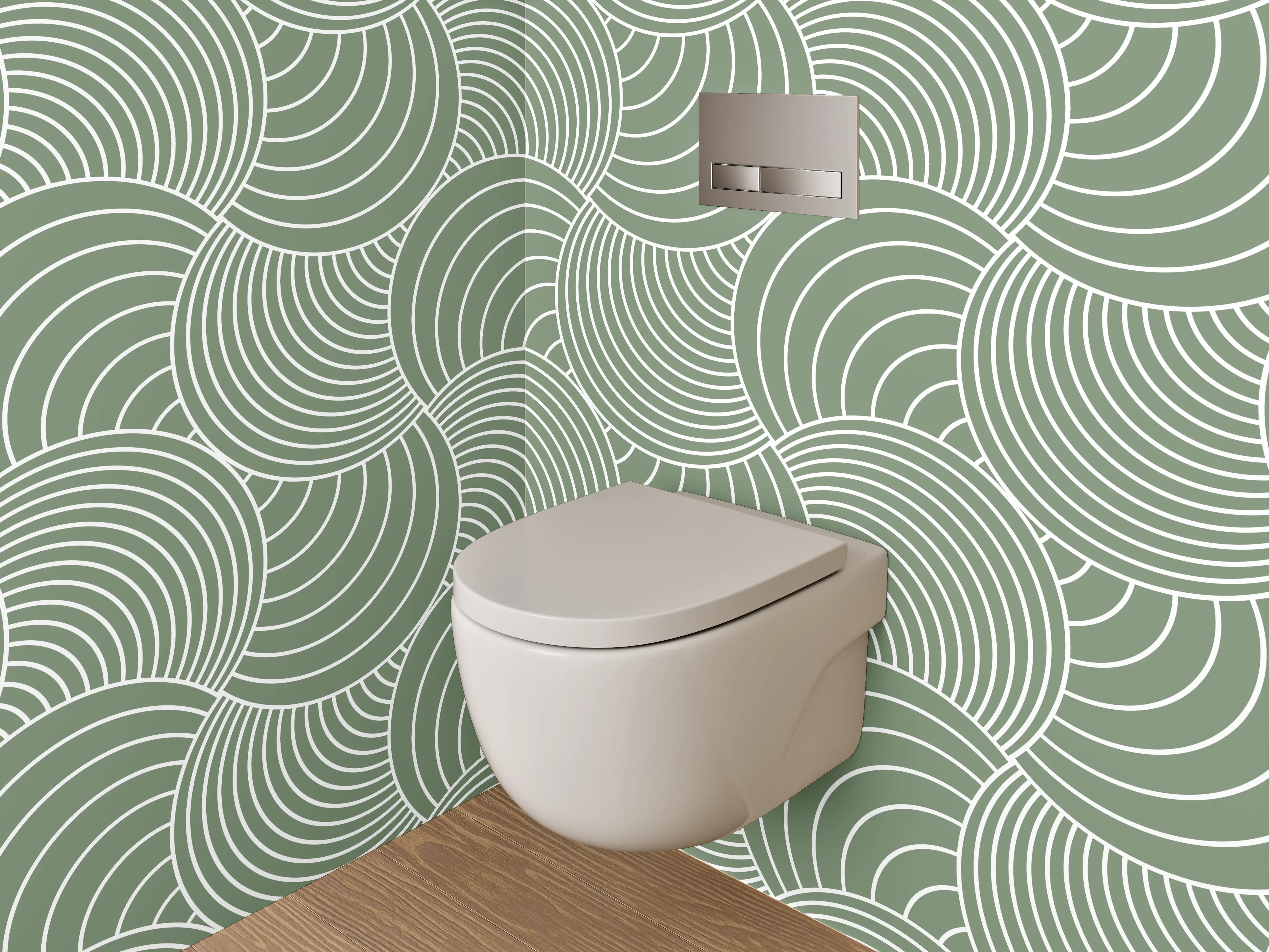 WC-Rückwand - Grün-Graues Wellenornament auf Weiß