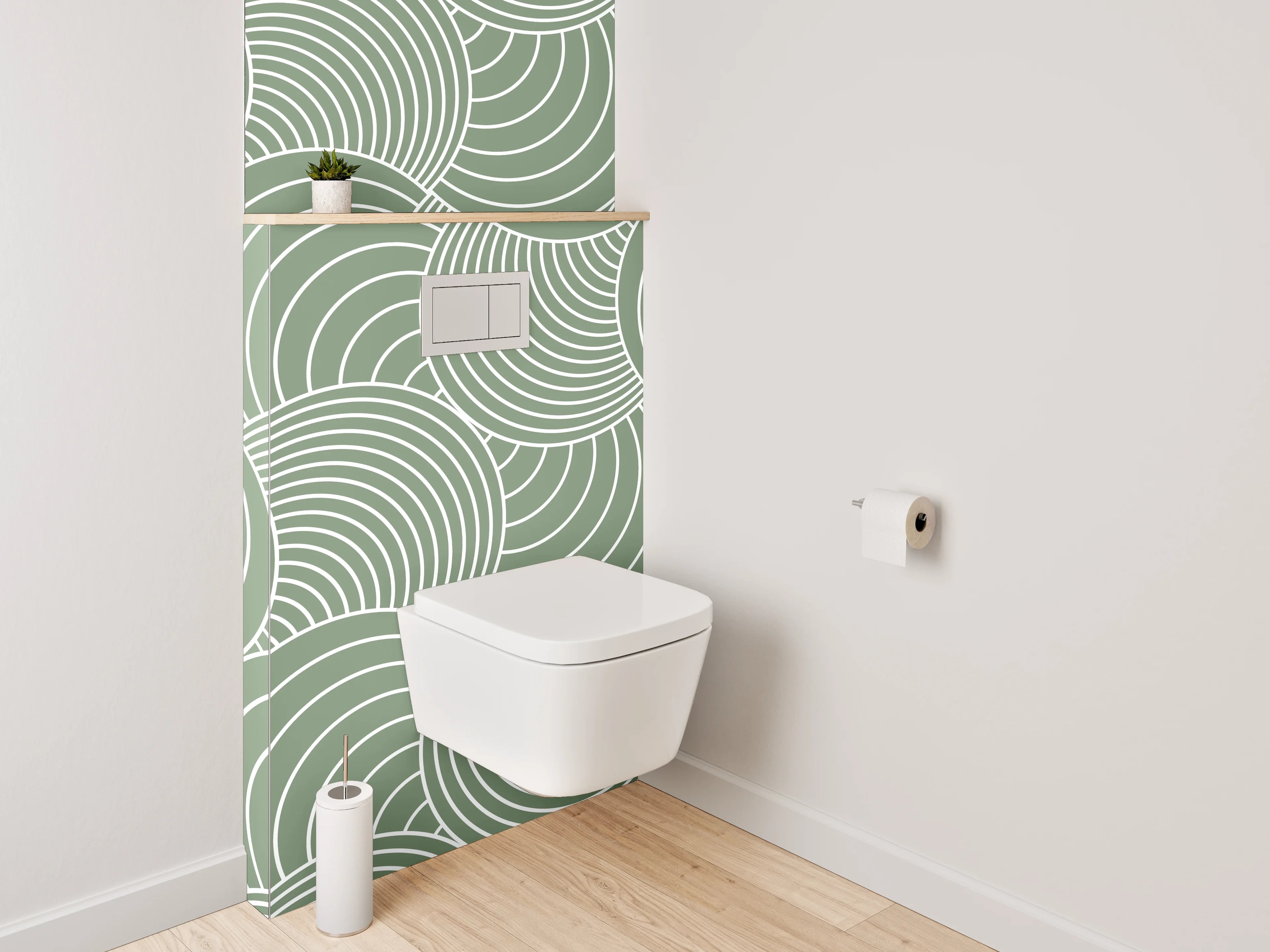 WC-Rückwand - Grün-Graues Wellenornament auf Weiß