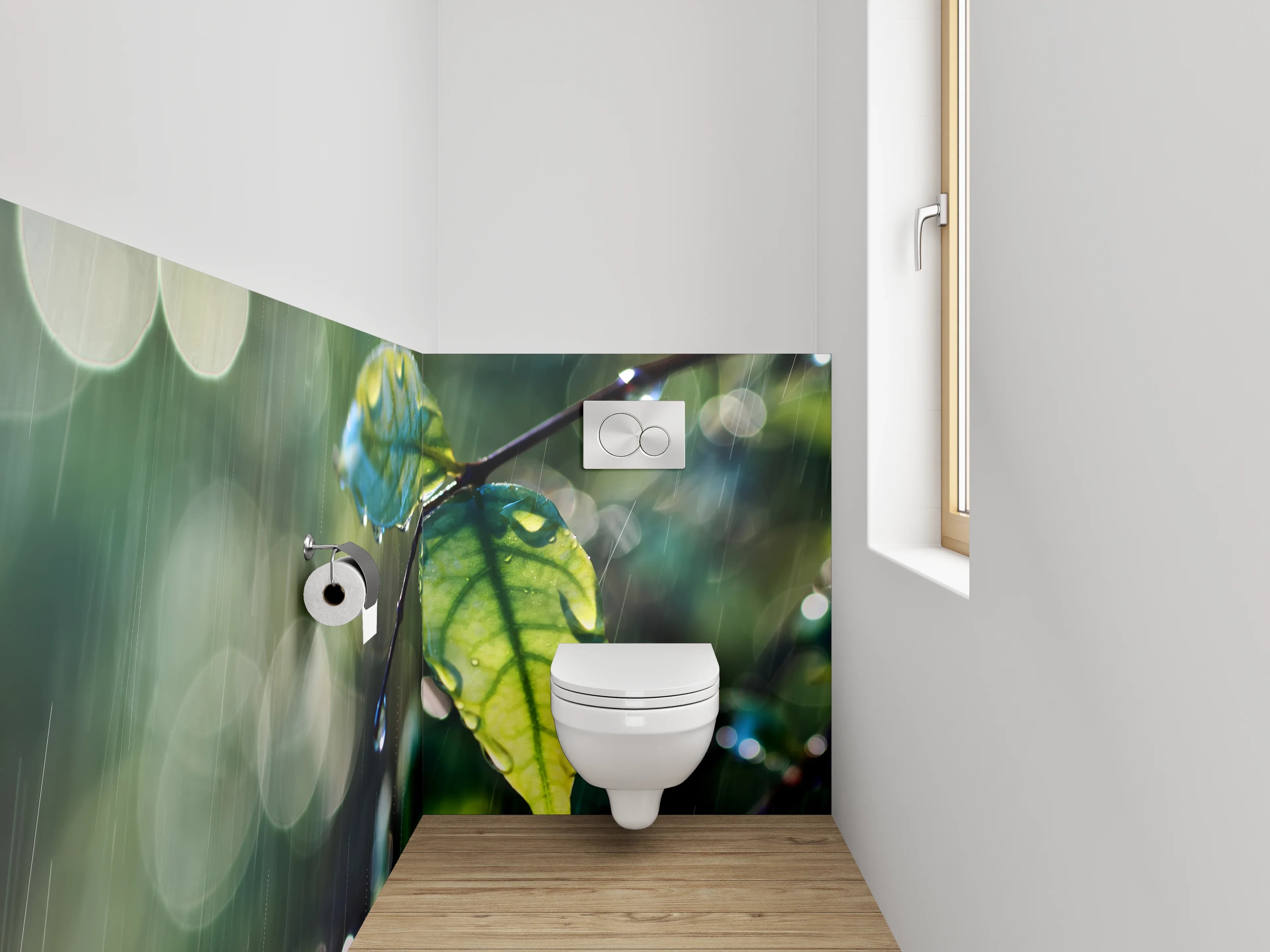 WC-Rückwand - Grüne Blätter im sanften Regen