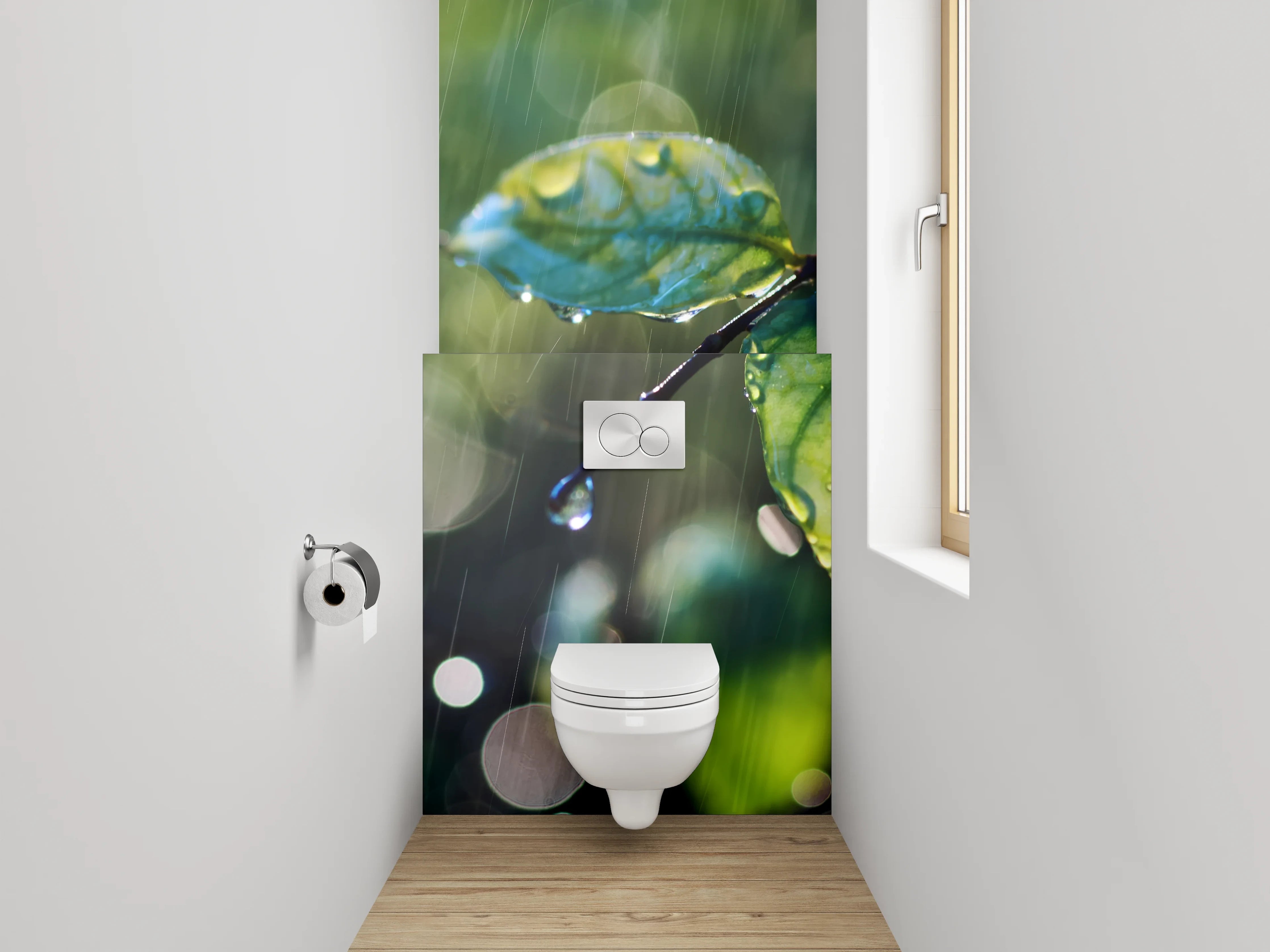 WC-Rückwand - Grüne Blätter im sanften Regen