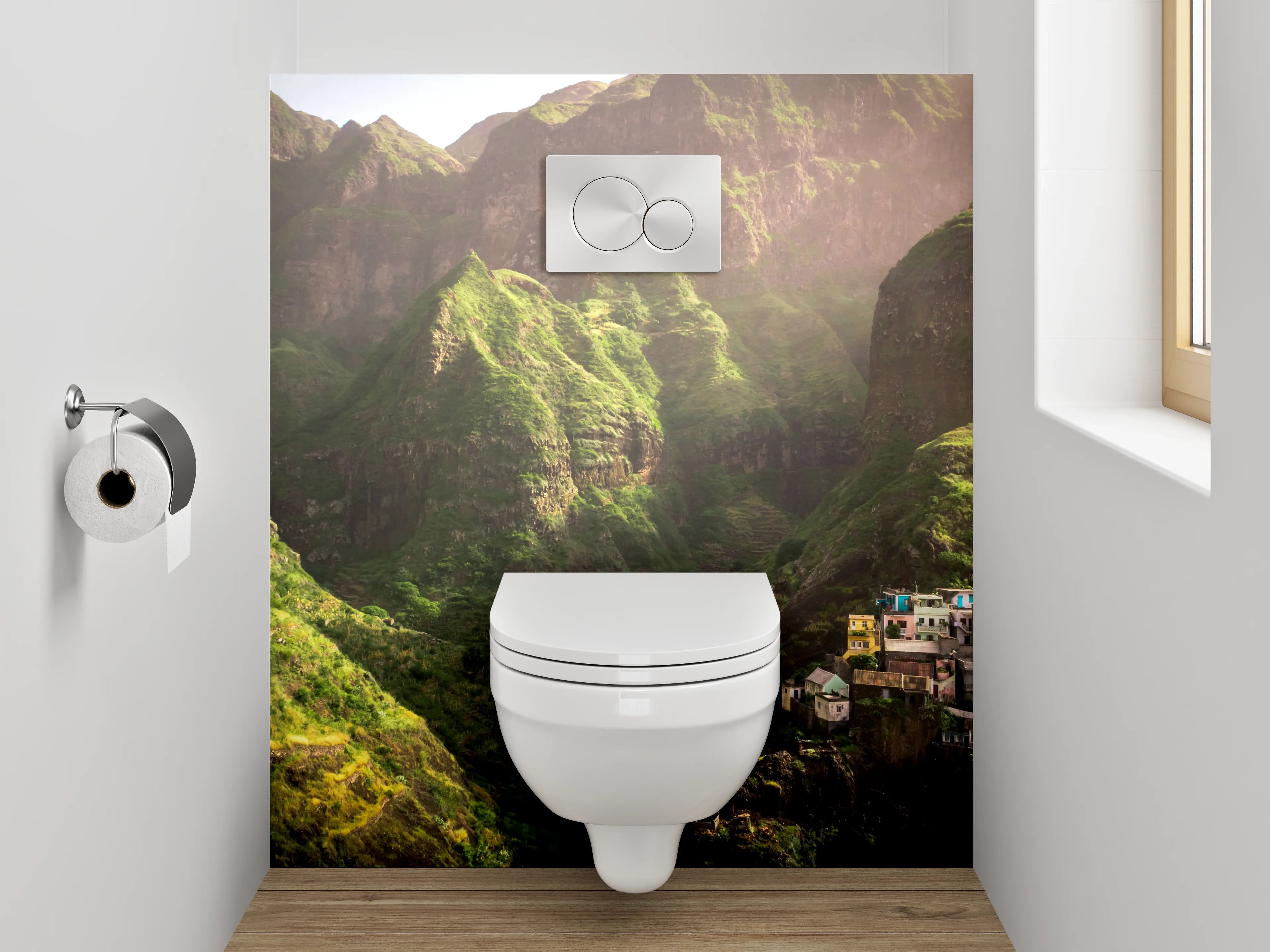 WC-Rückwand - Grüne Gebirgslandschaft mit Dorf
