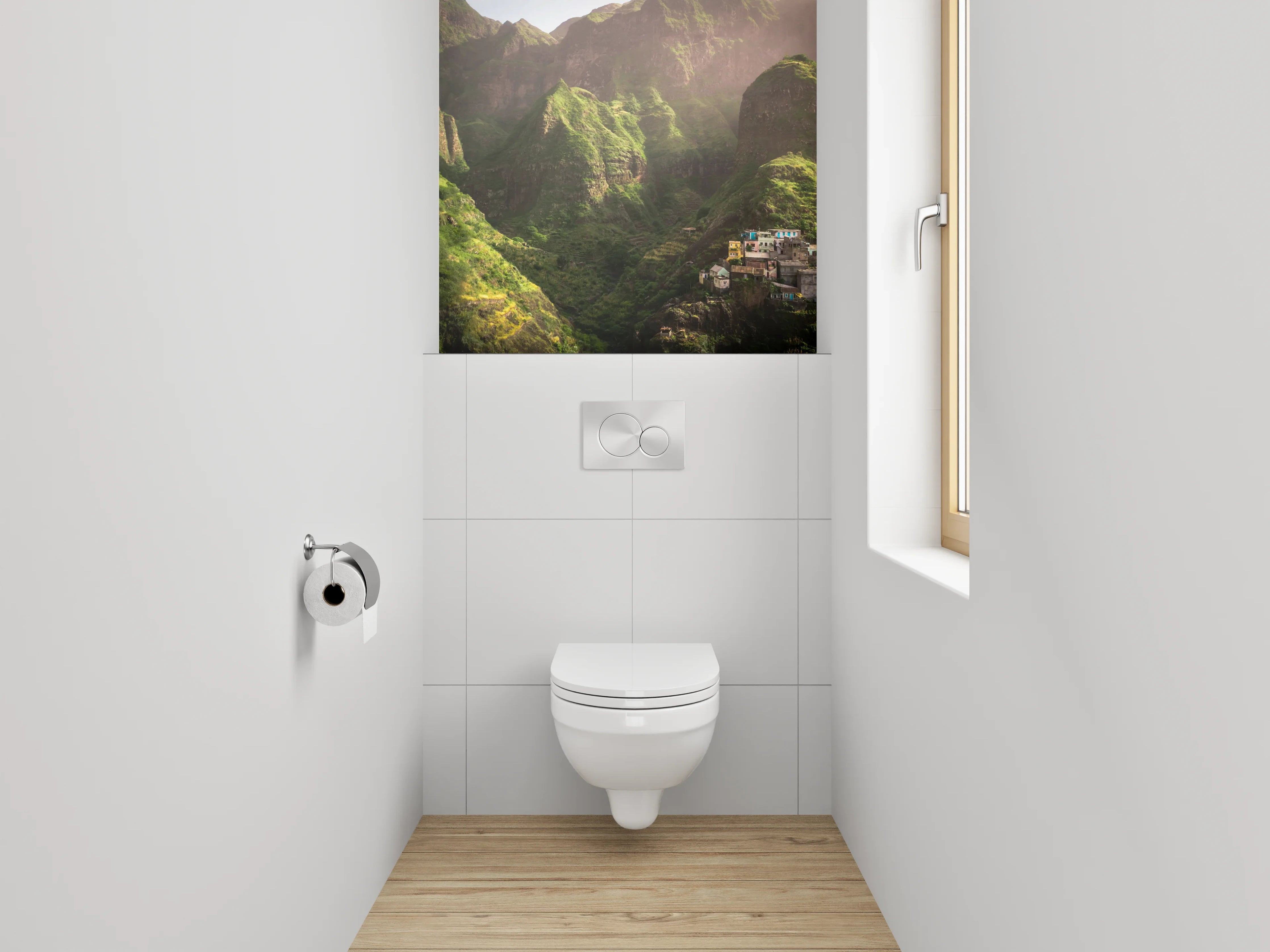 WC-Rückwand - Grüne Gebirgslandschaft mit Dorf
