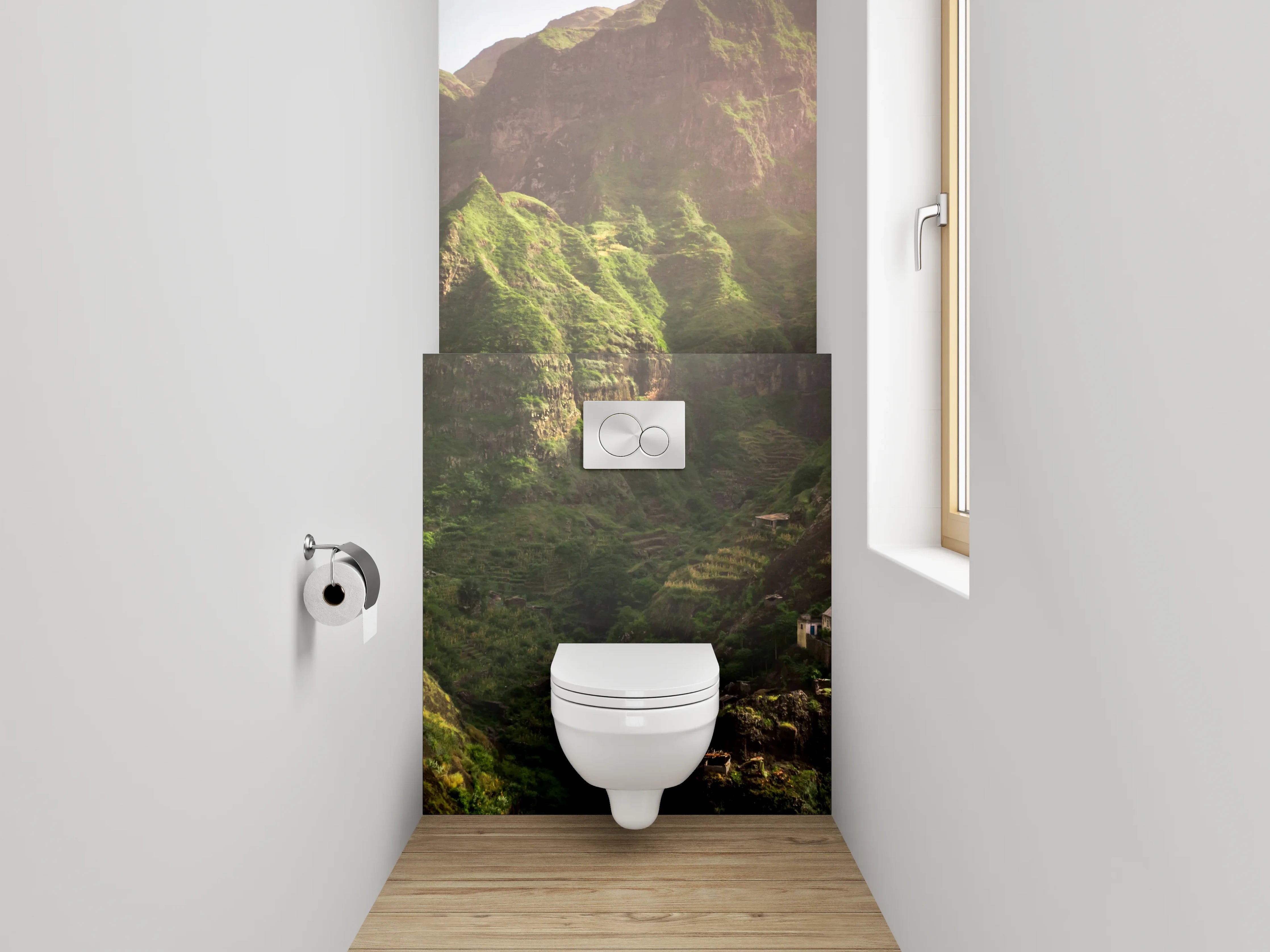 WC-Rückwand - Grüne Gebirgslandschaft mit Dorf