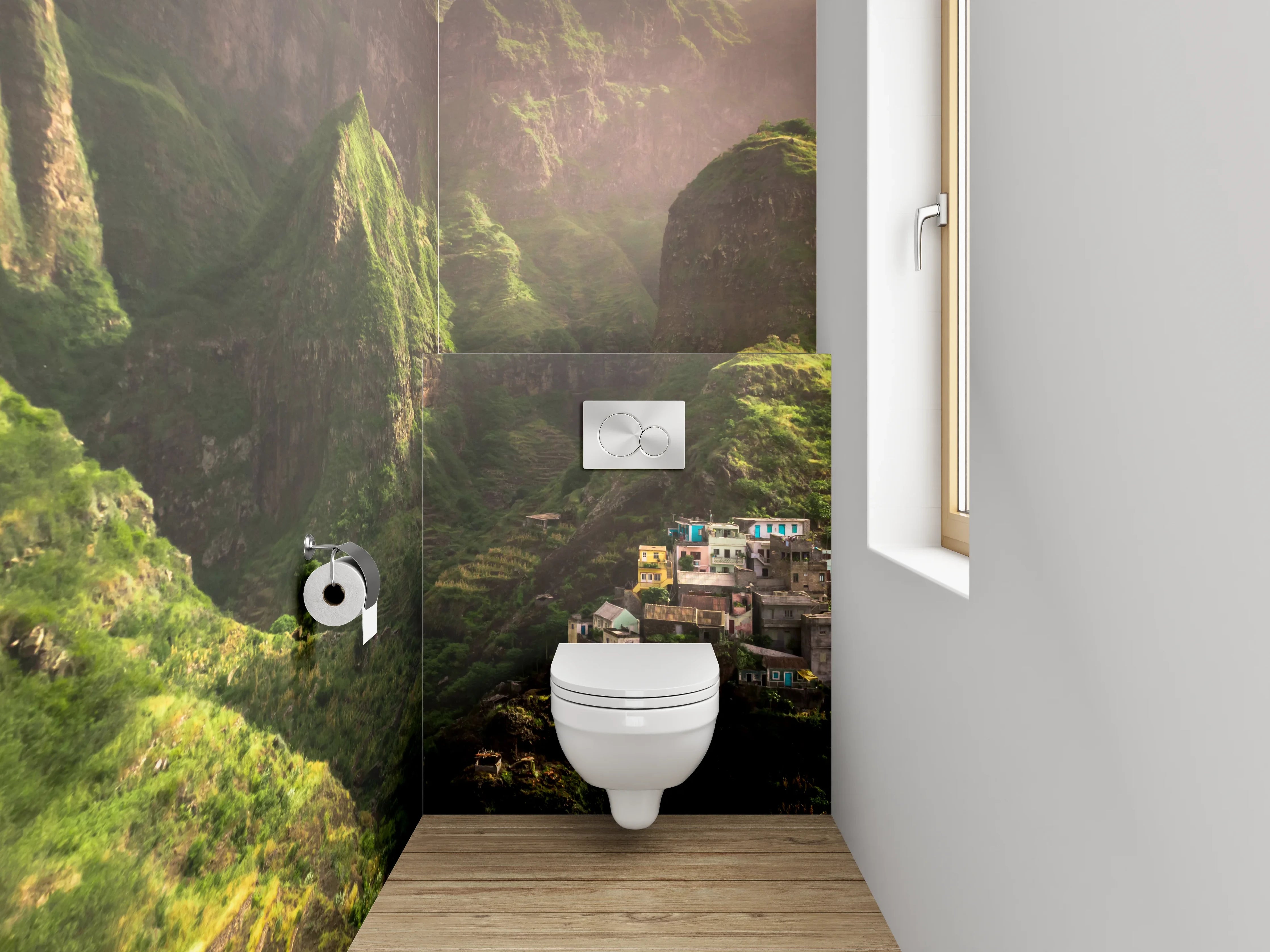 WC-Rückwand - Grüne Gebirgslandschaft mit Dorf