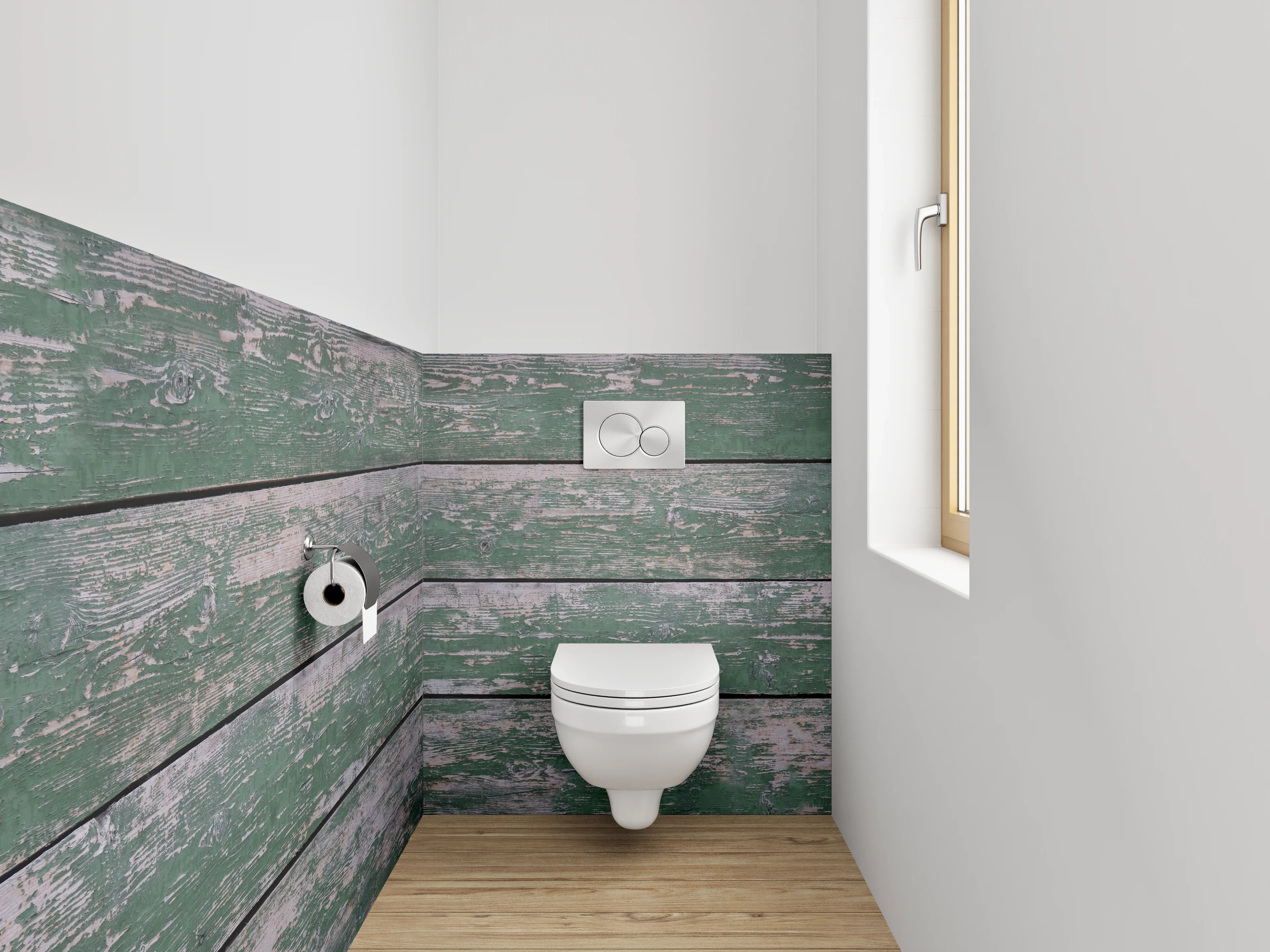 WC-Rückwand - Grüne, verwitterte Holzbohlen